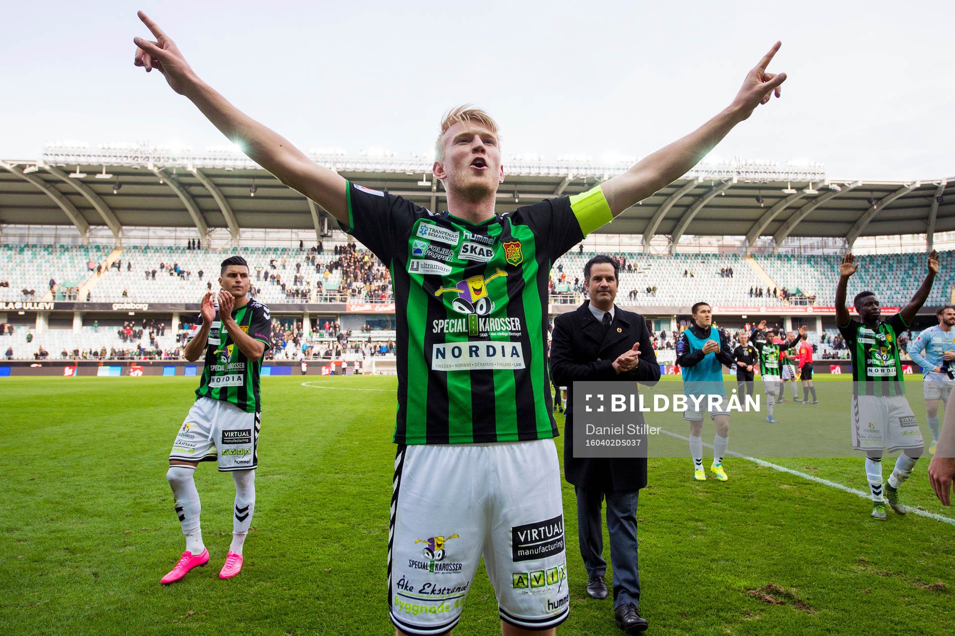 GAIS Carl Nyström jublar efter fotbollsmatchen i Superettan mellan Gais och Frej Täby den 2 april 2016 i Göteborg.