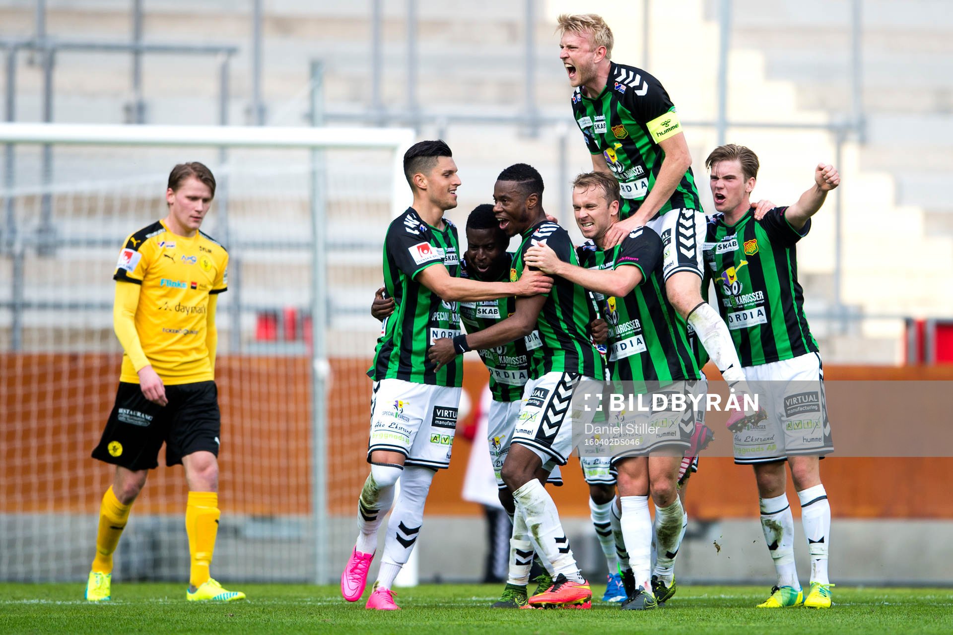 Gais jublar efter att Liam Loyd Davies gjort 2-0 under fotbollsmatchen i Superettan mellan Gais och Frej Täby den 2 april 2016 i Göteborg.