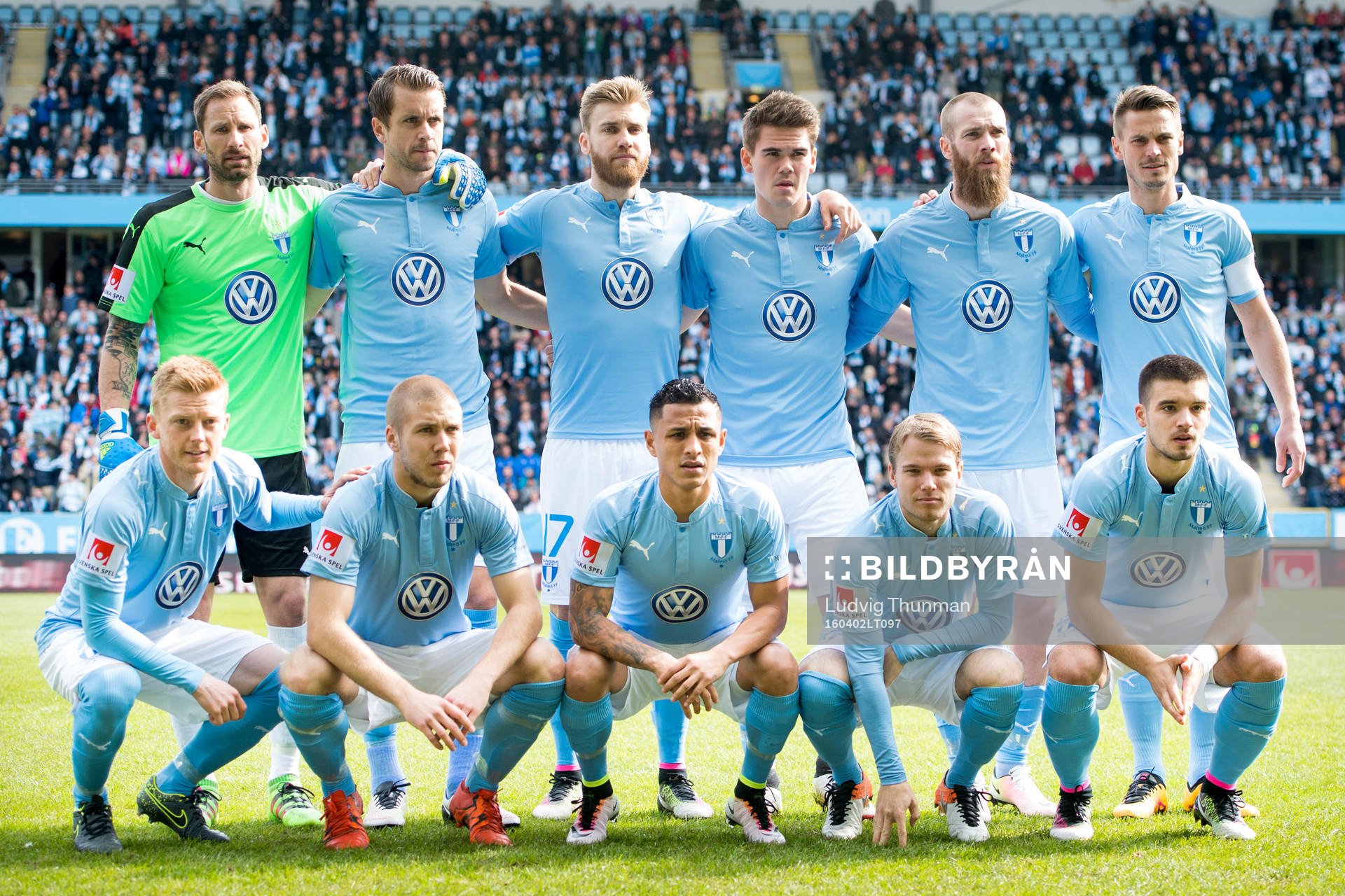 Malmö FFs startelva: målvakt Johan Wiland, Kari Arnason, Vidar Örn Kjartansson, Jo Inge Berget, Markus Rosenberg, undre raden: Anders Christiansen, Anton Tinnerholm, Yoshimar Yotún, Oscar Lewicki och Vladimir Rodic inför fotbollsmatchen i Allsvenskan mellan Malmö FF och Norrköping den 2 april 2016 i Malmö.