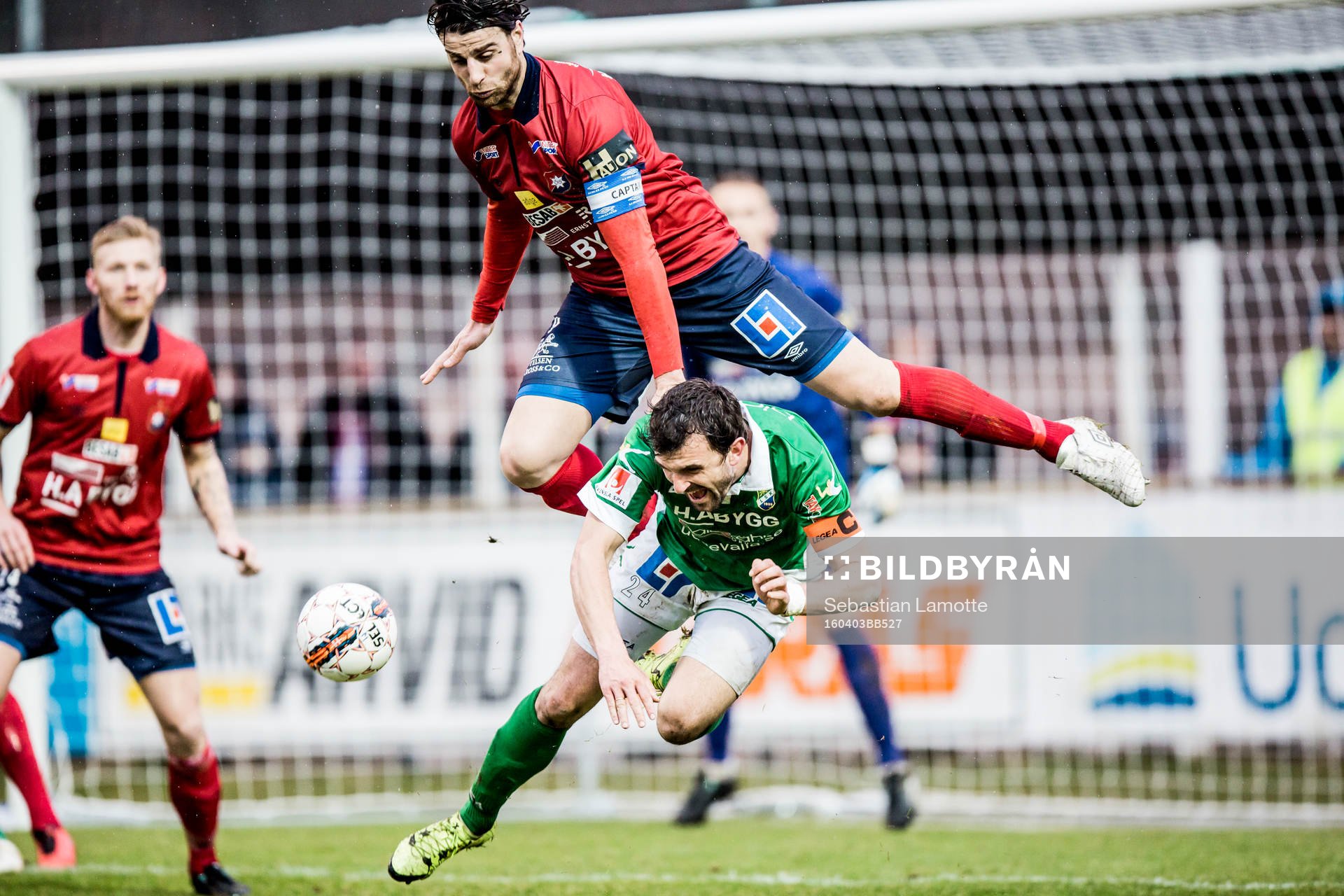 Örgrytes George Mourad tacklar Ljungskiles Aleksandar Kitic under fotbollsmatchen i Superettan mellan Ljungskile och Örgryte den 3 april 2016 i Ljungskile.