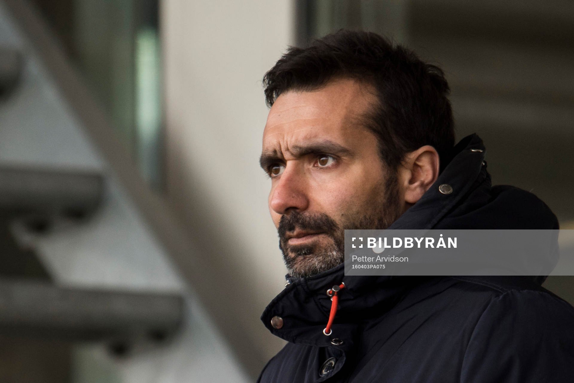 Ängelholms sportchef Stavros Papadopoulos under fotbollsmatchen i Superettan mellan Ängelholm och Syrianska den 3 april 2016 i Ängelholm.
