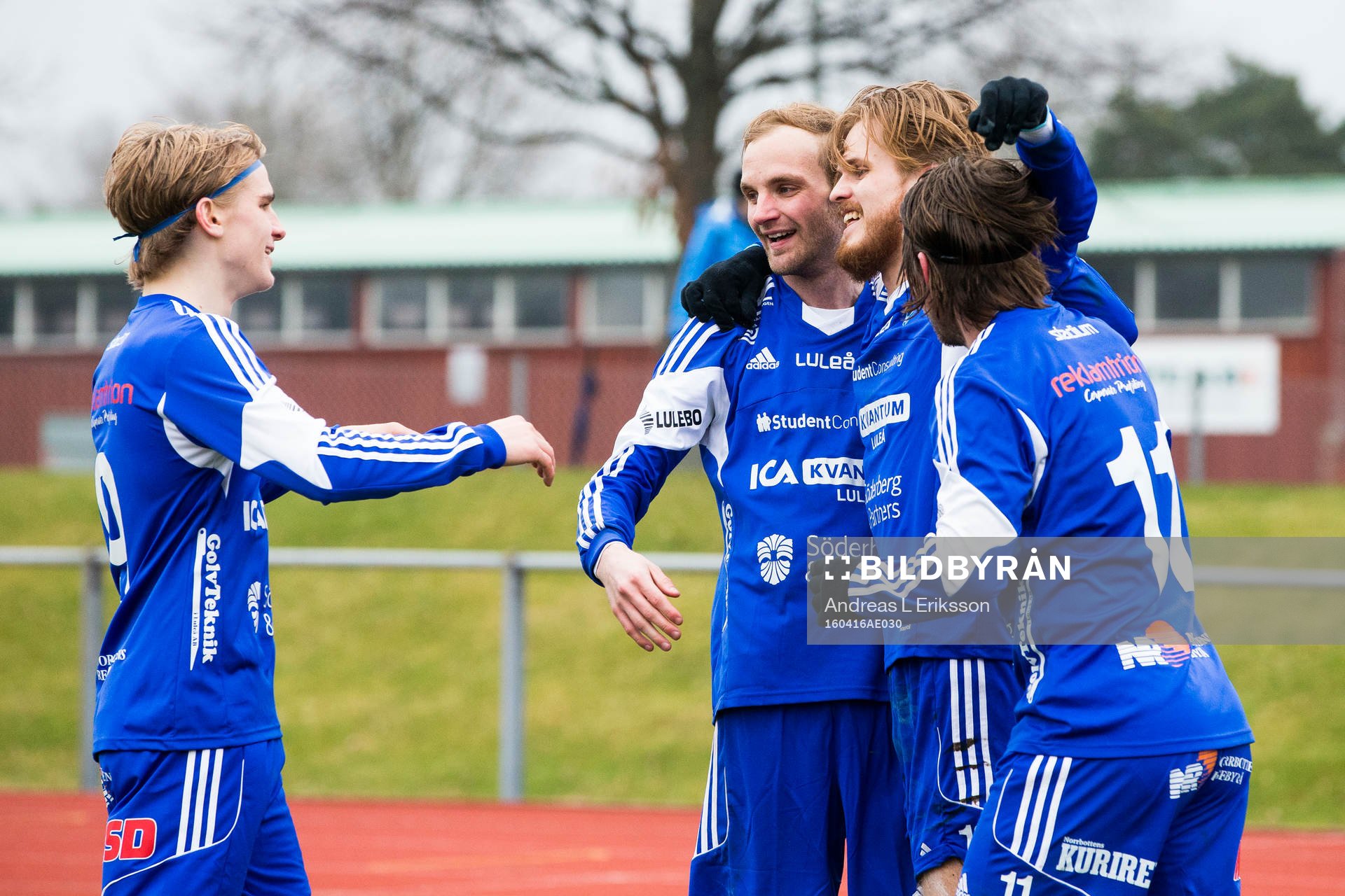 Luleås Sebastian Sandlund, Jesper Medén, Joel Rajalakso och Patrik Wallin jublar efter 1-2 under fotbollsmatchen i division 1 norra mellan Akropolis IF och IFK Luleå den 16 april 2016 i Stockholm.
