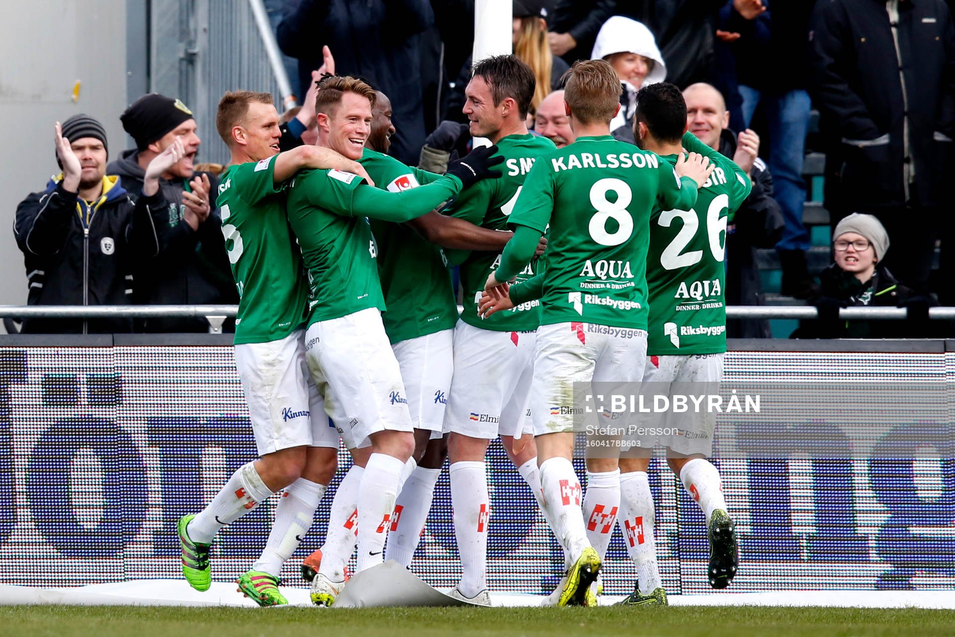 Jönköpings Daryl Smylie jublar efter 1-0 under fotbollsmatchen i Allsvenskan mellan Jönköping och Gefle den 17 april 2016 i Jönköping. 