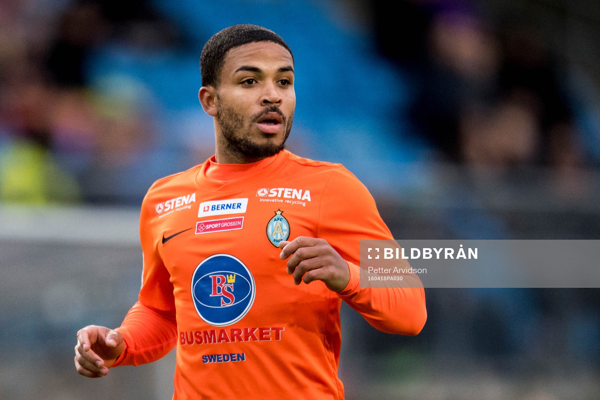 Athletics Jernade Meade under fotbollsmatchen i Superettan mellan Trelleborg och AFC United den 18 april 2016 i Trelleborg.