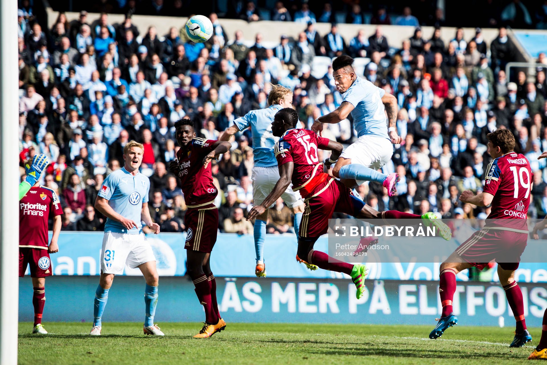 Malmö FFs Felipe Carvalho (th) nickar in 1-0 i kamp med Djurgårdens Omar Colley under fotbollsmatchen i Allsvenskan mellan Malmö FF och Djurgården den 24 april 2016 i Malmö.