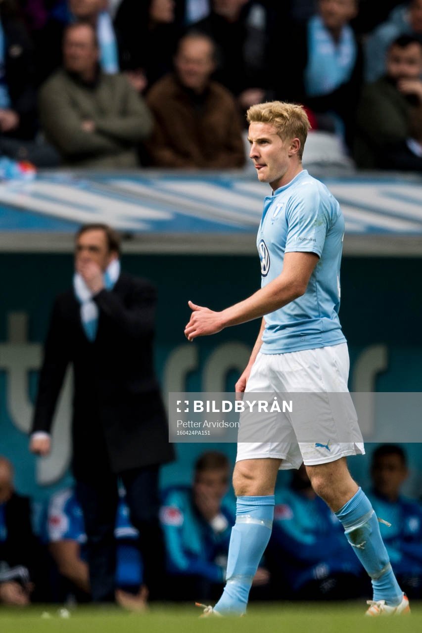 Malmö FFs Franz Brorsson och i bakgrunden tränare Allan