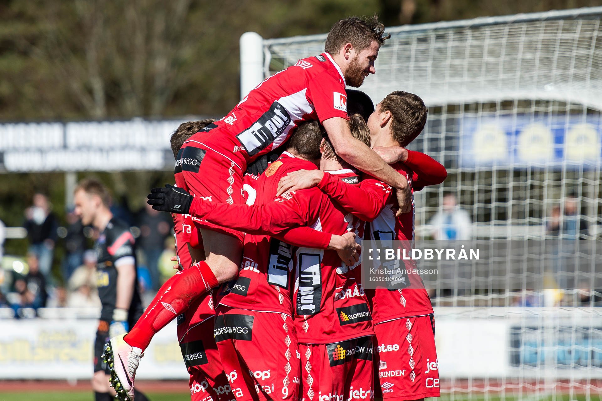 Elfsborgs Simon Hedlund har gjort 0-1 och spelarna jublar under fotbollsmatchen i Allsvenskan mellan Falkenberg och Elfsborg den 1 maj 2016 i Falkenberg