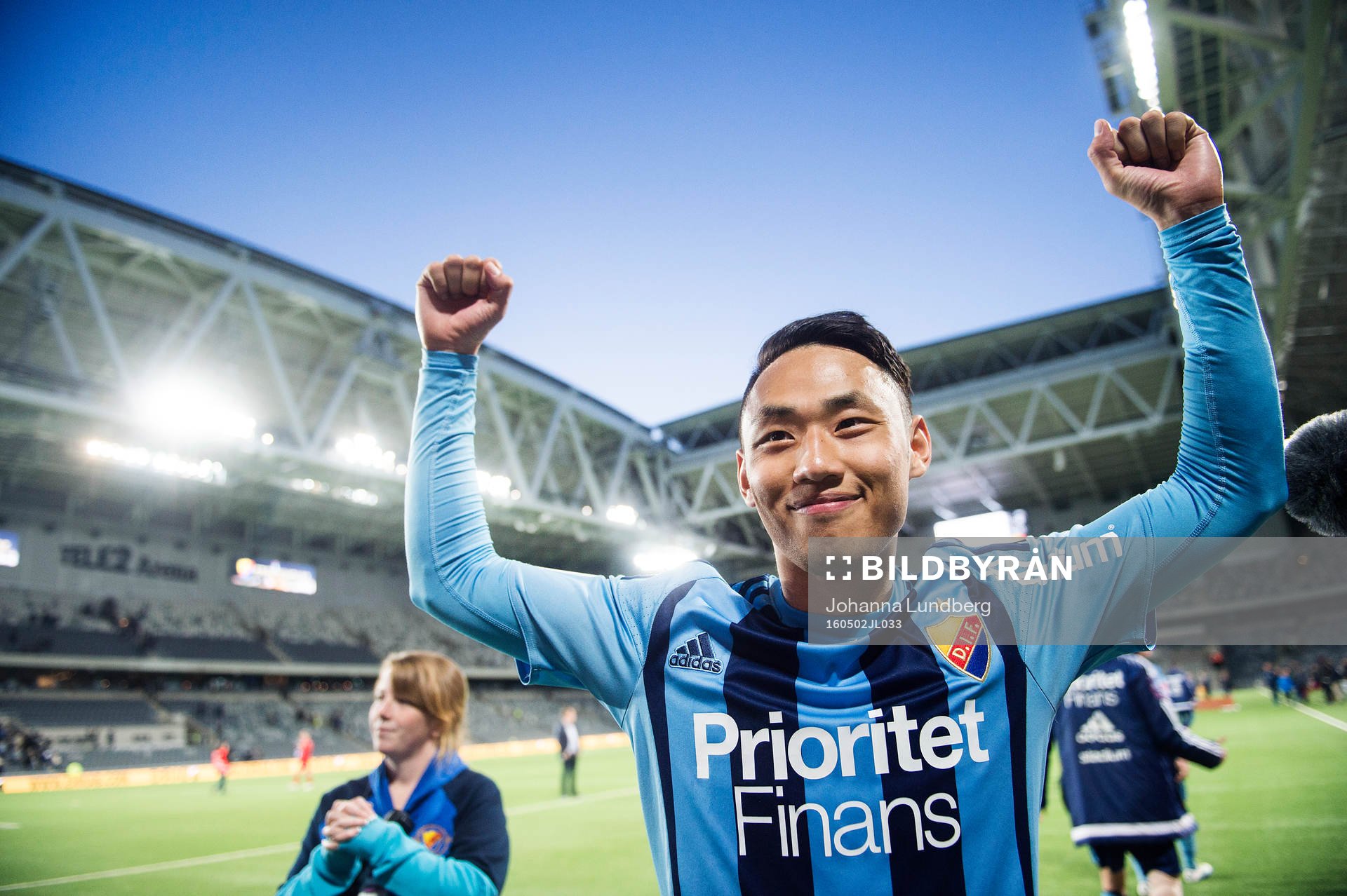Djurgårdens Seon-Min Moon jublar efter fotbollsmatchen i Allsvenskan mellan Djurgården och Östersund den 2 maj 2016 i Stockholm. 
