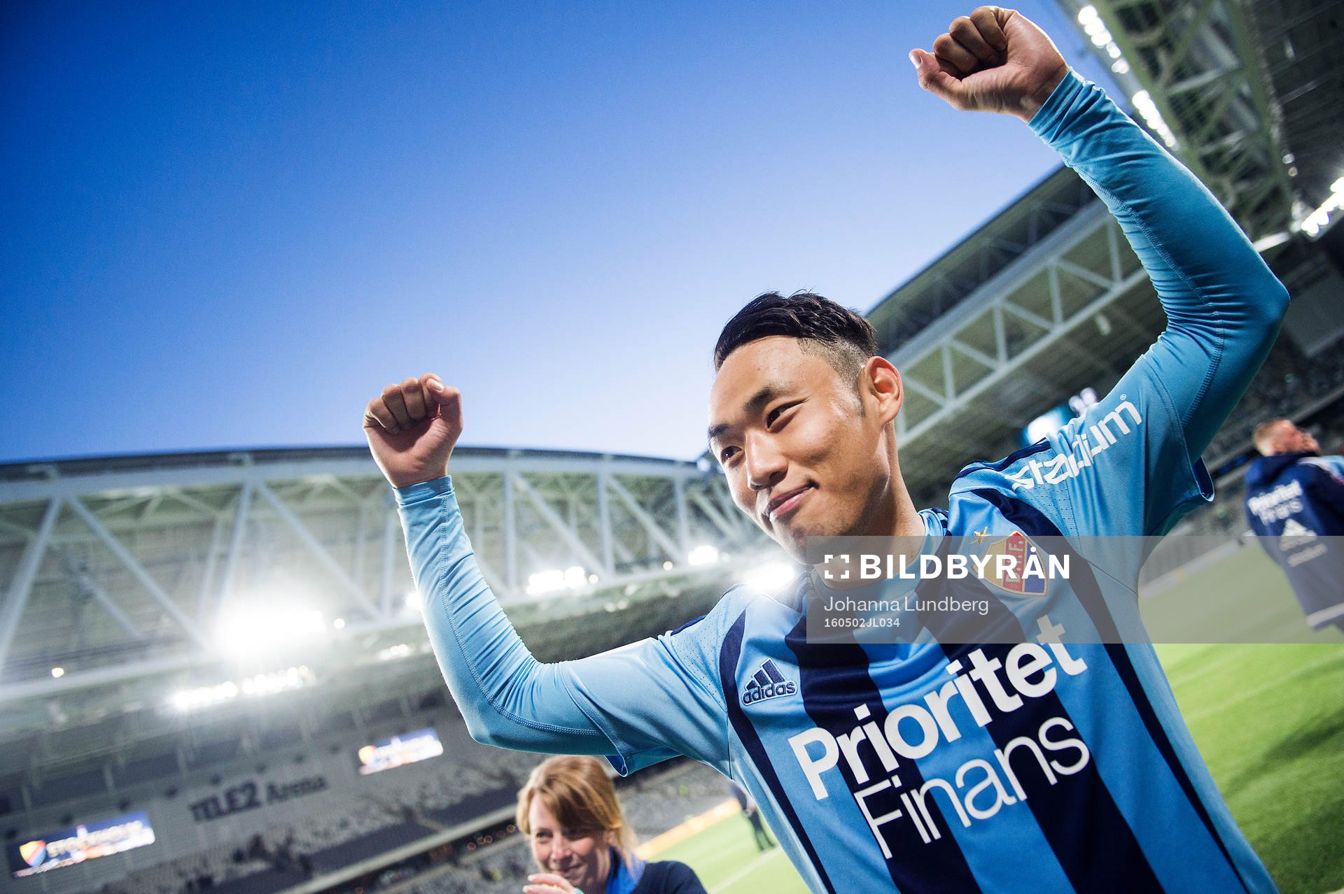 Djurgårdens Seon-Min Moon jublar efter fotbollsmatchen i Allsvenskan mellan Djurgården och Östersund den 2 maj 2016 i Stockholm. 
