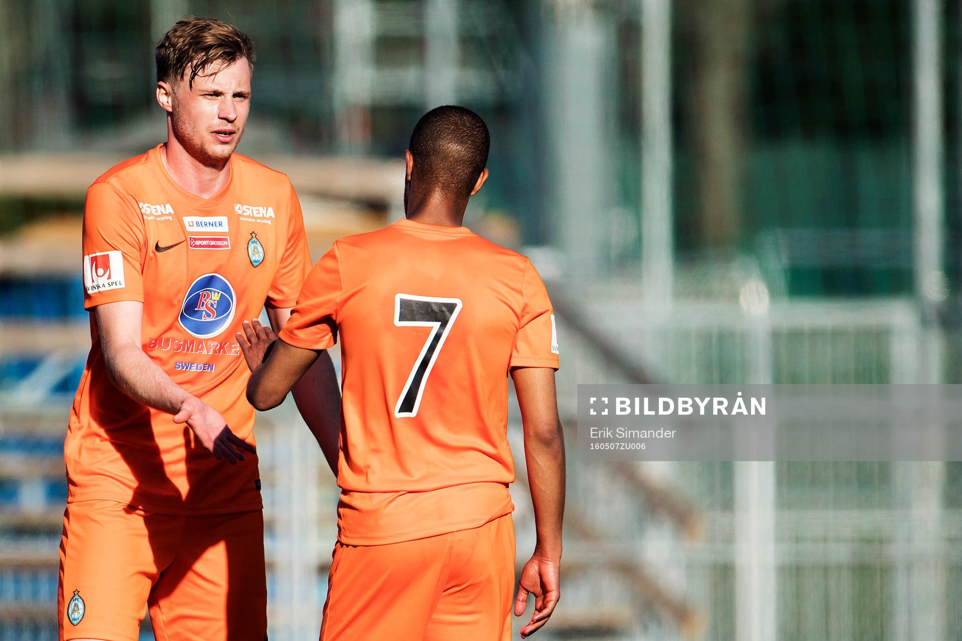 Athletics Daniel Jarl och Ferid Ali jublar efter fotbollsmatchen i Superettan mellan AFC United och Ängelholm den 7 maj i Stockholm.