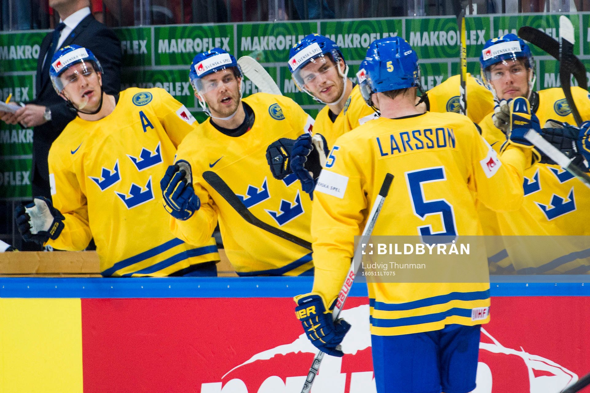 Sveriges Adam Larsson jublar med bänken