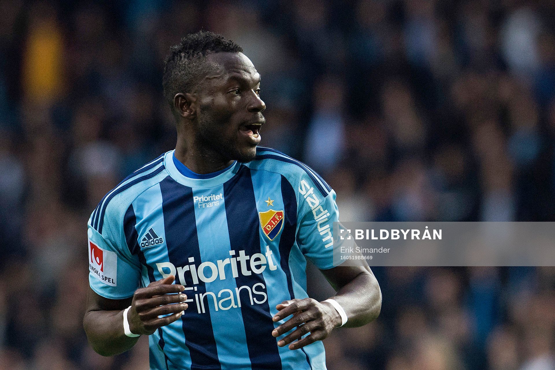 Djurgårdens Omar Colley under fotbollsmatchen i Allsvenskan mellan Djurgården och Kalmar den 19 maj 2016 i Stockholm. 