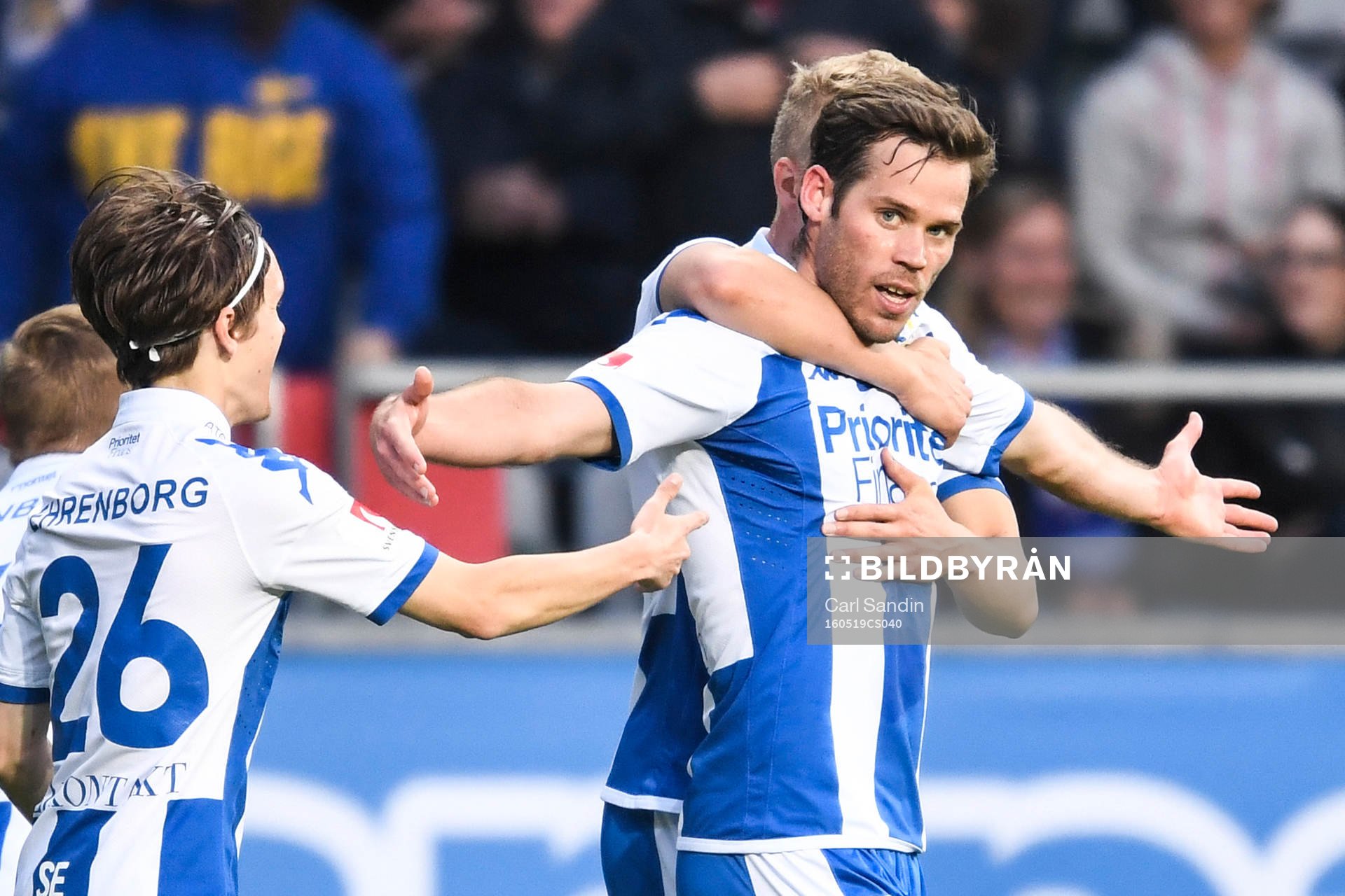 IFK Göteborgs Emil Salomonsson jublar efter 1-1 under fotbollsmatchen i Allsvenskan mellan IFK Göteborg och IFK Norrköping den 19 maj 2016 i Göteborg.