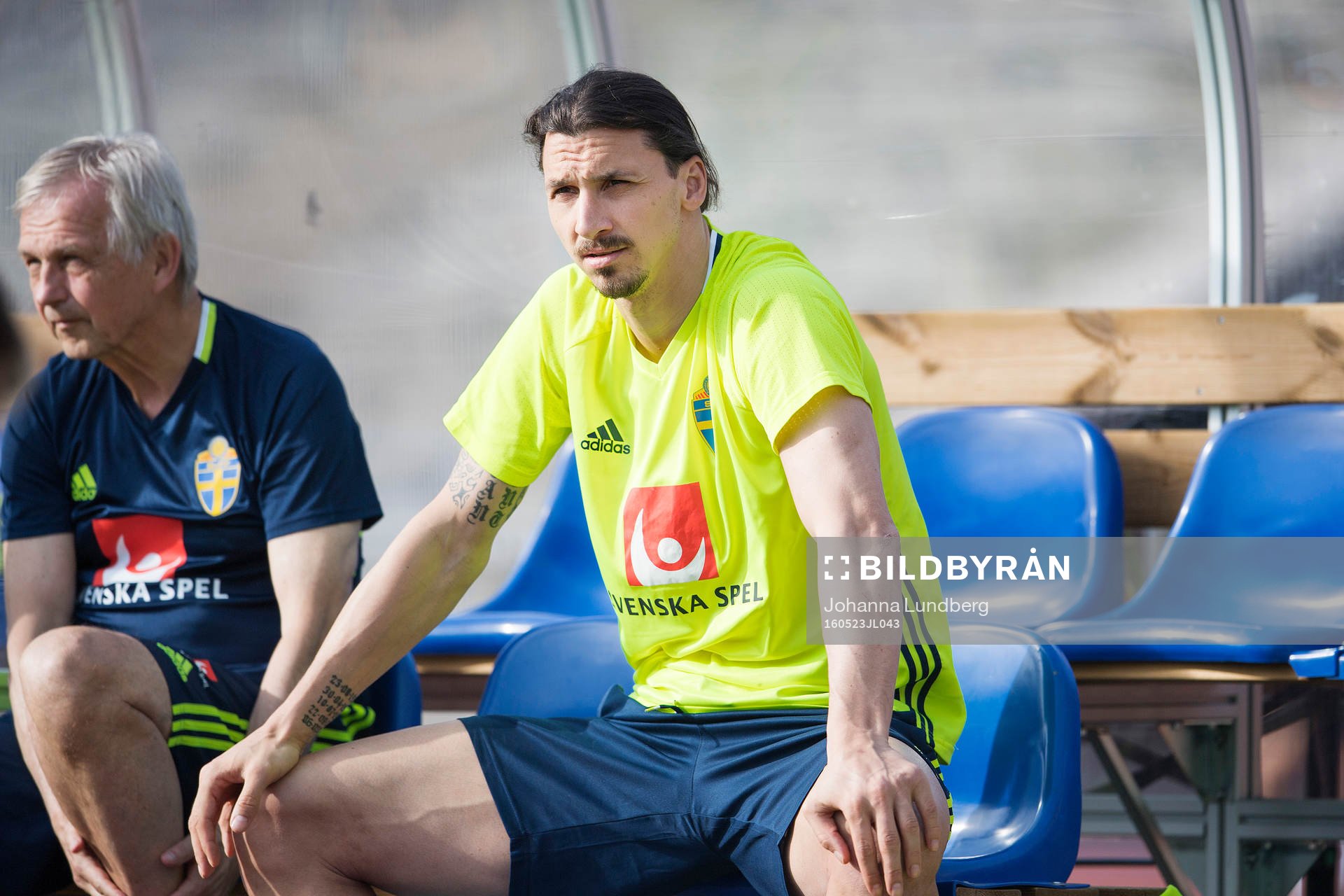 Sveriges Zlatan Ibrahimovic följer träningen på bänken