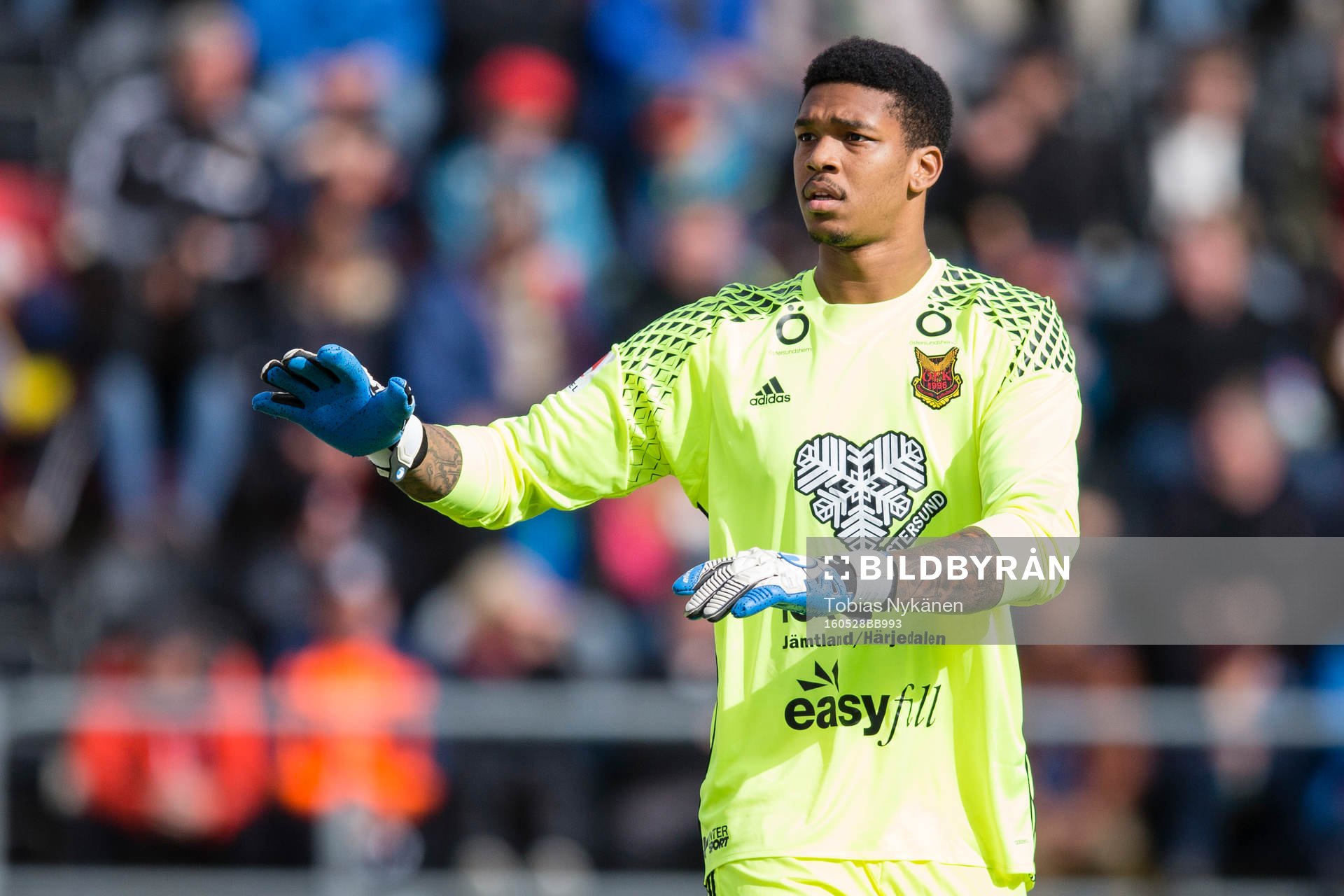 Östersunds Målvakt Jamal Blackman under fotbollsmatchen i Allsvenskan mellan Östersund och Malmö FF den 28 maj 2016 i Östersund.