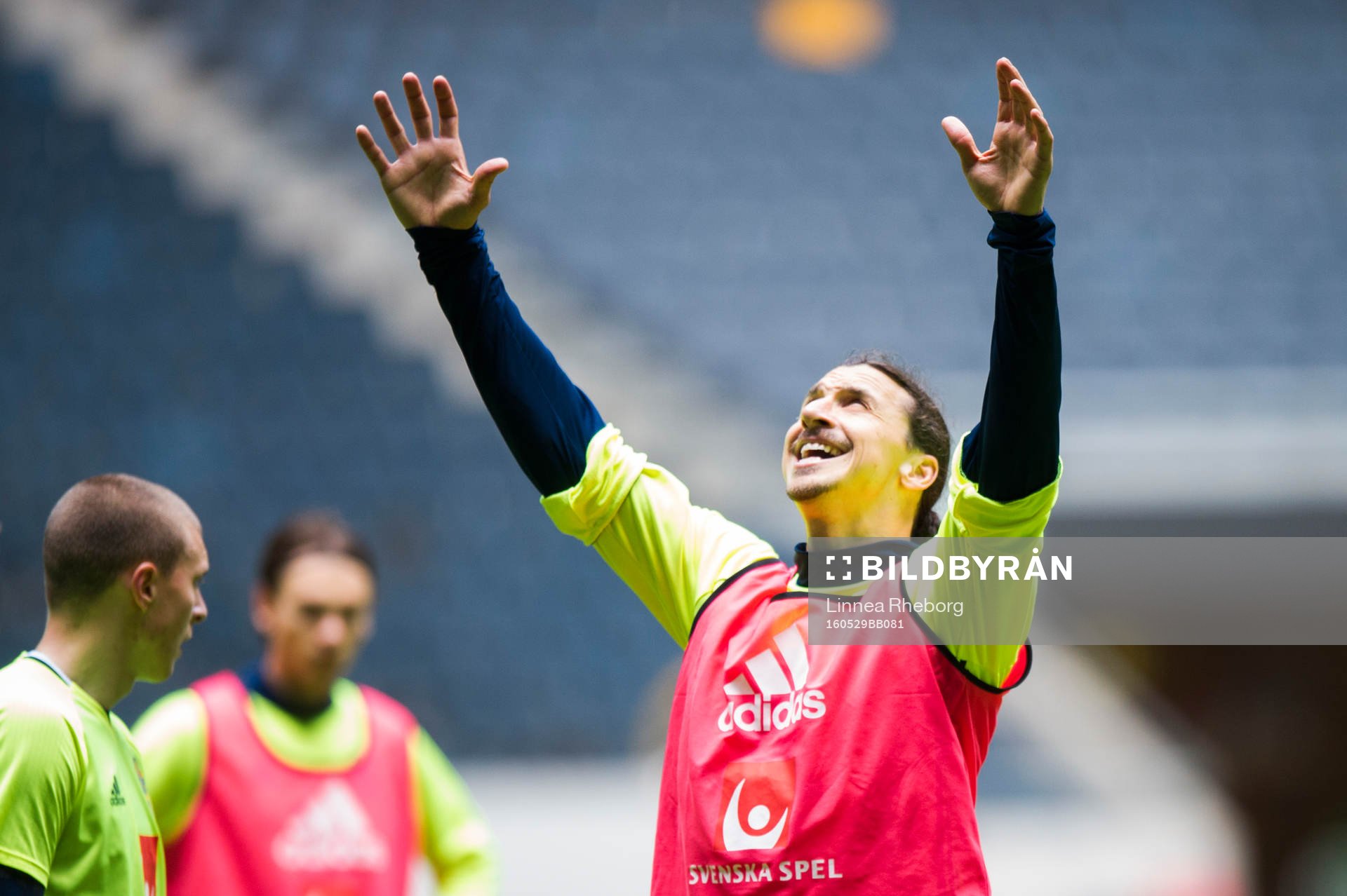 Zlatan Ibrahimovic jublar under en träning med Sveriges fotbollslandslag den 29 maj 2016 i Stockholm.