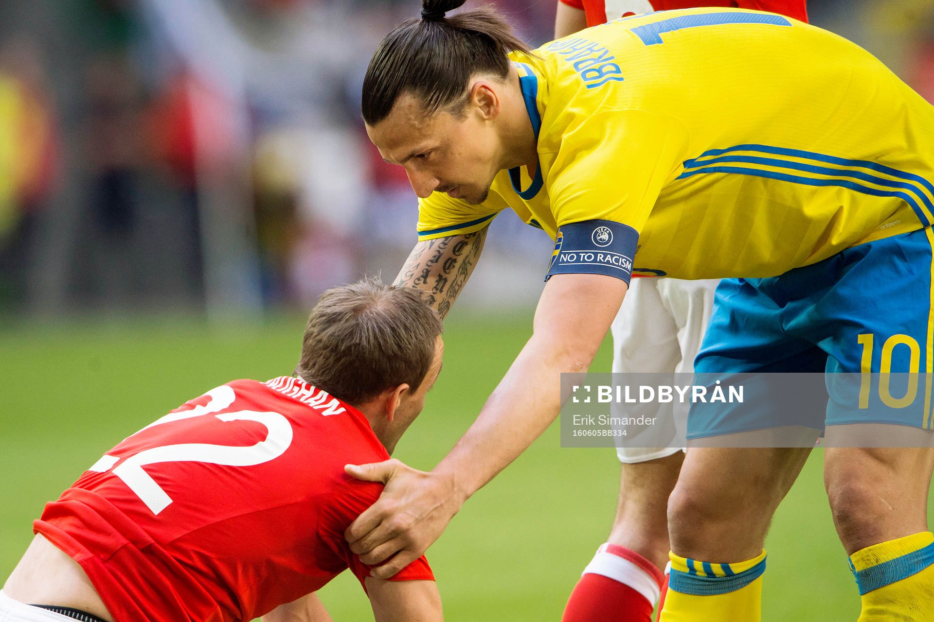 Sveriges Zlatan Ibrahimovic talar med Wales David Vaughan