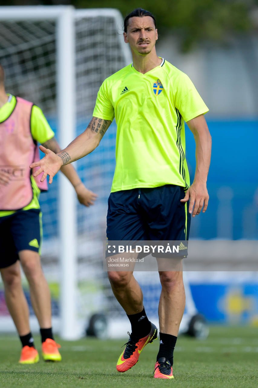 Sveriges Zlatan Ibrahimovic gestikulerar under Sveriges fotbollslandslags träning inför fotbolls-EM den 8 juni 2016 i Saint-Nazaire.