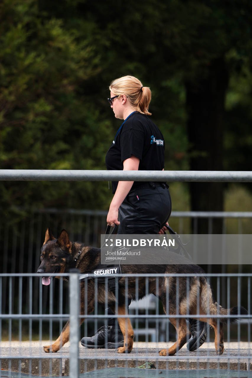En säkerhetsvakt patrullerar med en hund