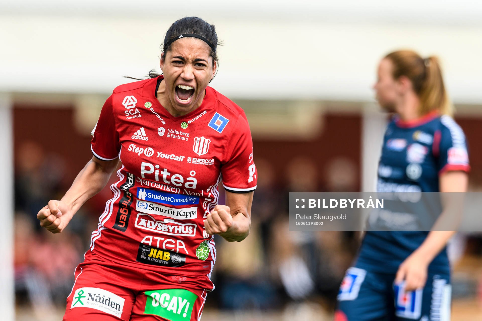 Piteås Tempest-Marie Norlin jublar efter sitt 1-0 mål under fotbollsmatchen i Damallsvenskan mellan Piteå och Linköping den 11 juni 2016 i Piteå.