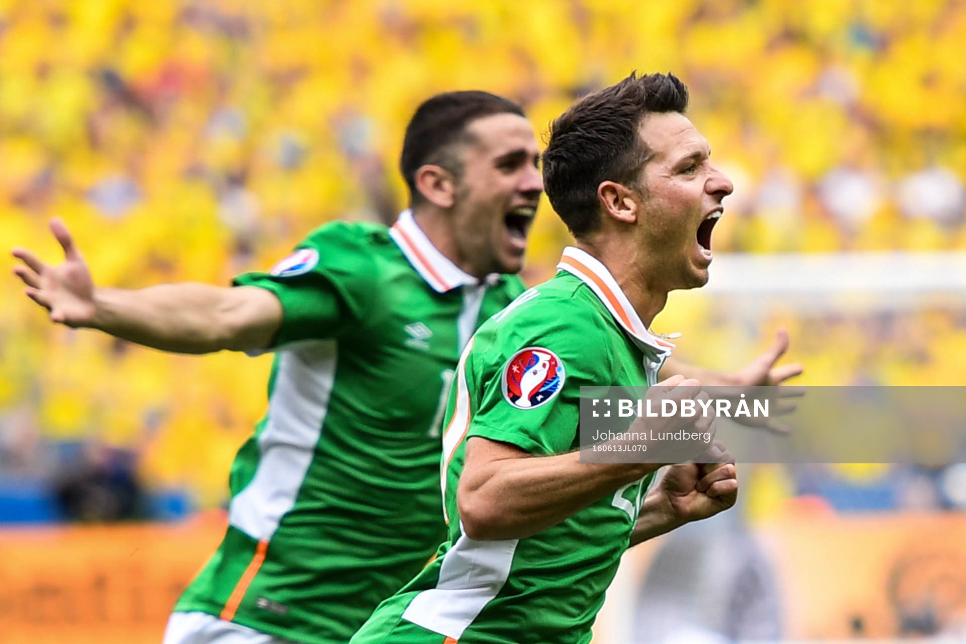 Irlands Wes Hoolahan jublar efter att han gjort 1-0 i fotbollsmatchen mellan Irland och Sverige under fotbolls-EM den 13 juni 2016 i Saint-Denis.