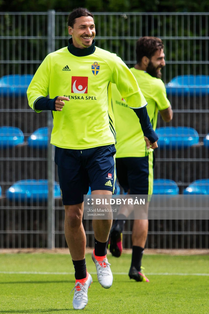 Zlatan Ibrahimovic och Jimmy Durmaz skrattar på Sveriges