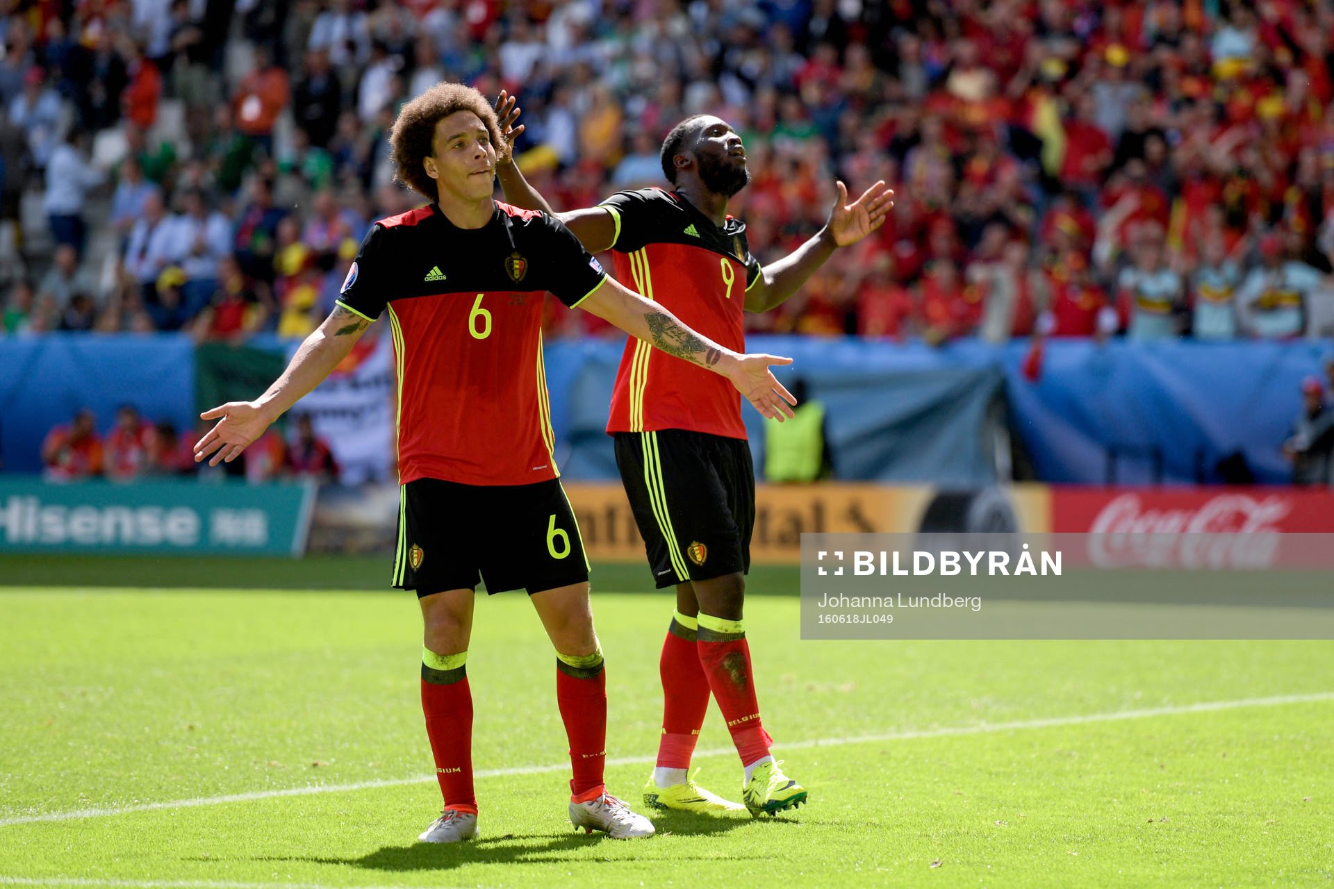 Belgiens Axel Witsel och Romelu Lukaku jublar