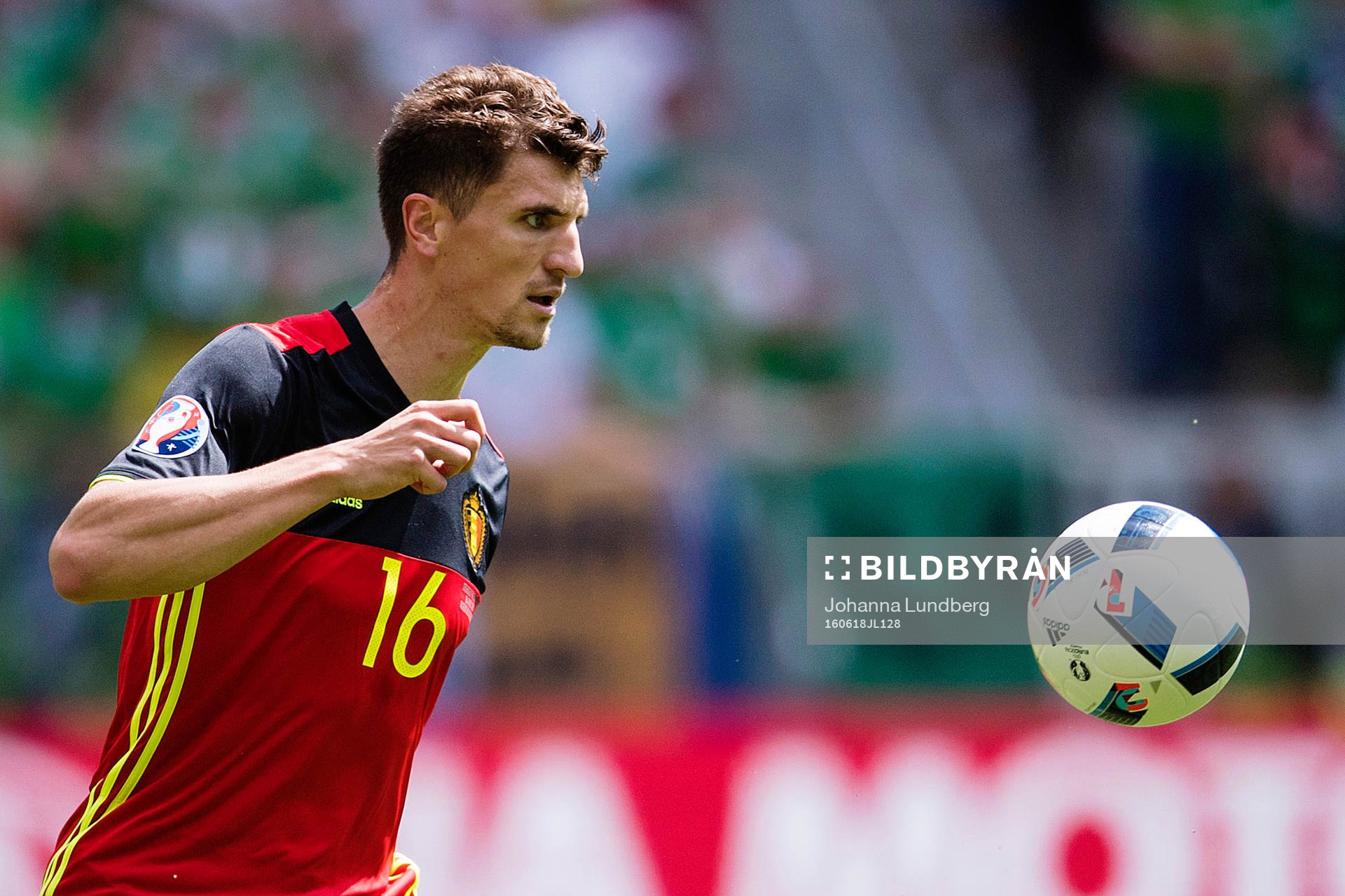 Belgiens Thomas Meunier i fotbollsmatchen mellan Belgien