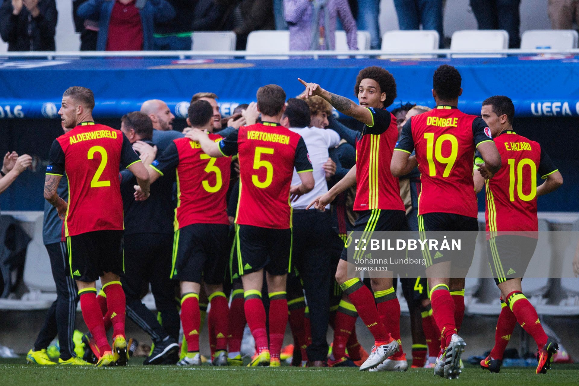 Belgiens spelare med Romelu Lukaku jublar med
