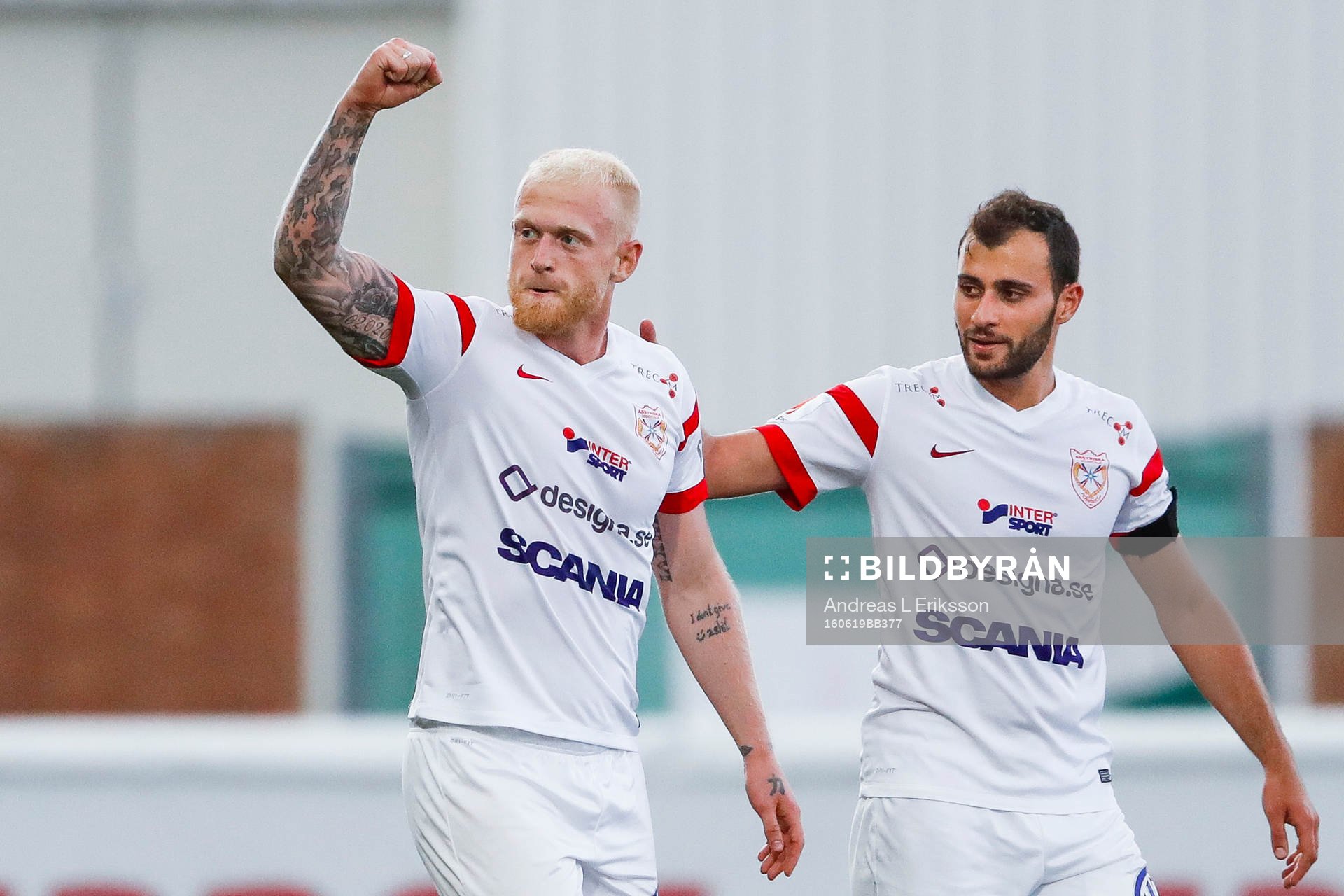 Assyriskas Ken Fagerberg efter 1-0 under fotbollsmatchen i Superettan mellan Assyriska och Syrianska den 19 juni 2016 i Södertälje. 
