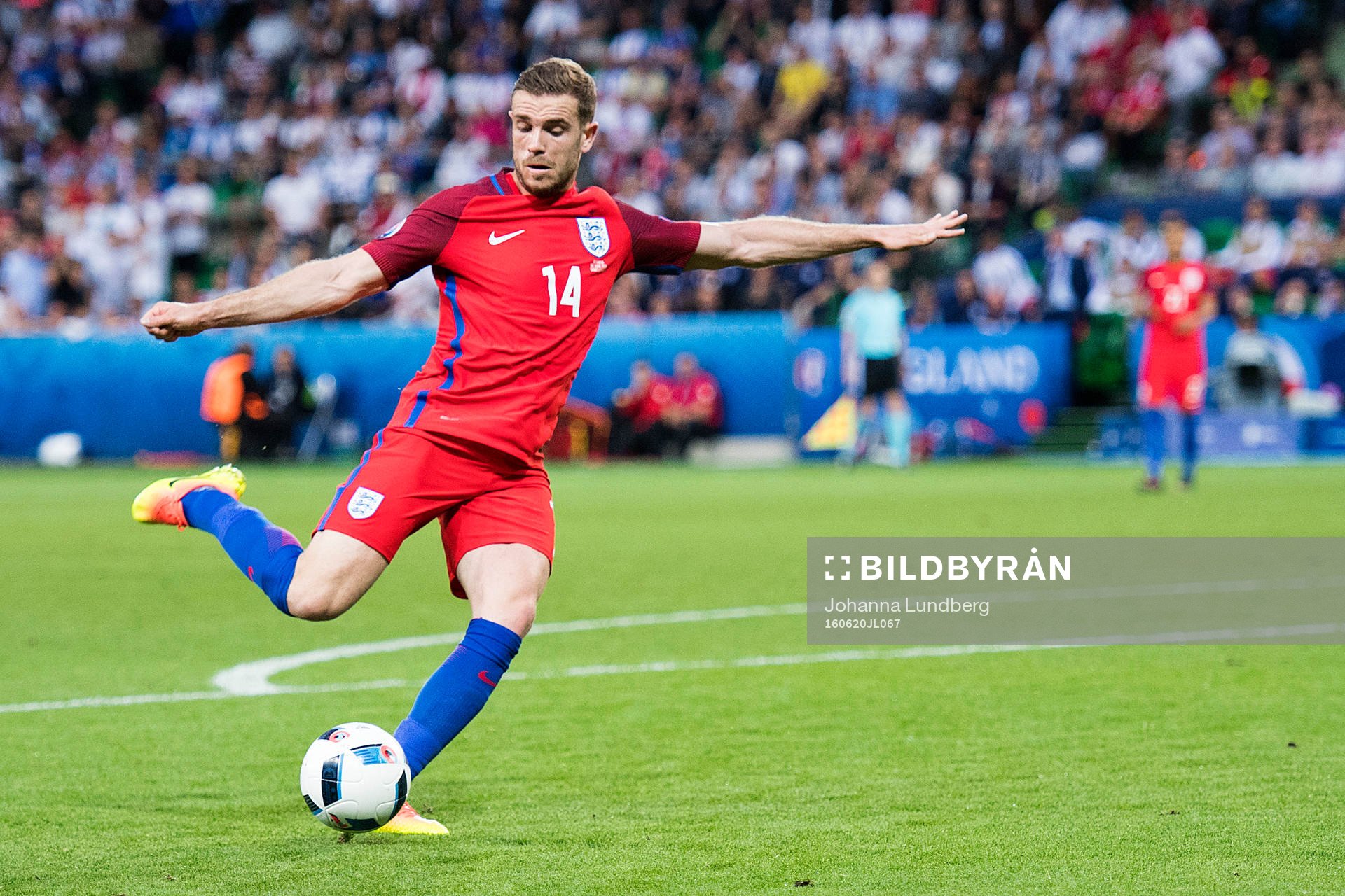 Englands Jordan Henderson i fotbollsmatchen mellan Slovakien och England under fotbolls-EM den 20 juni 2016 i Saint Etienne.