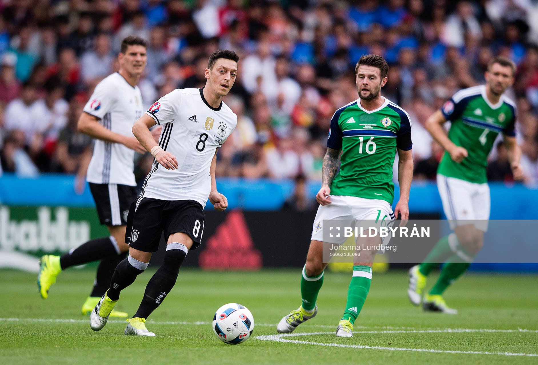 Tysklands Mesut Özil och Nordirlands Oliver Norwood i