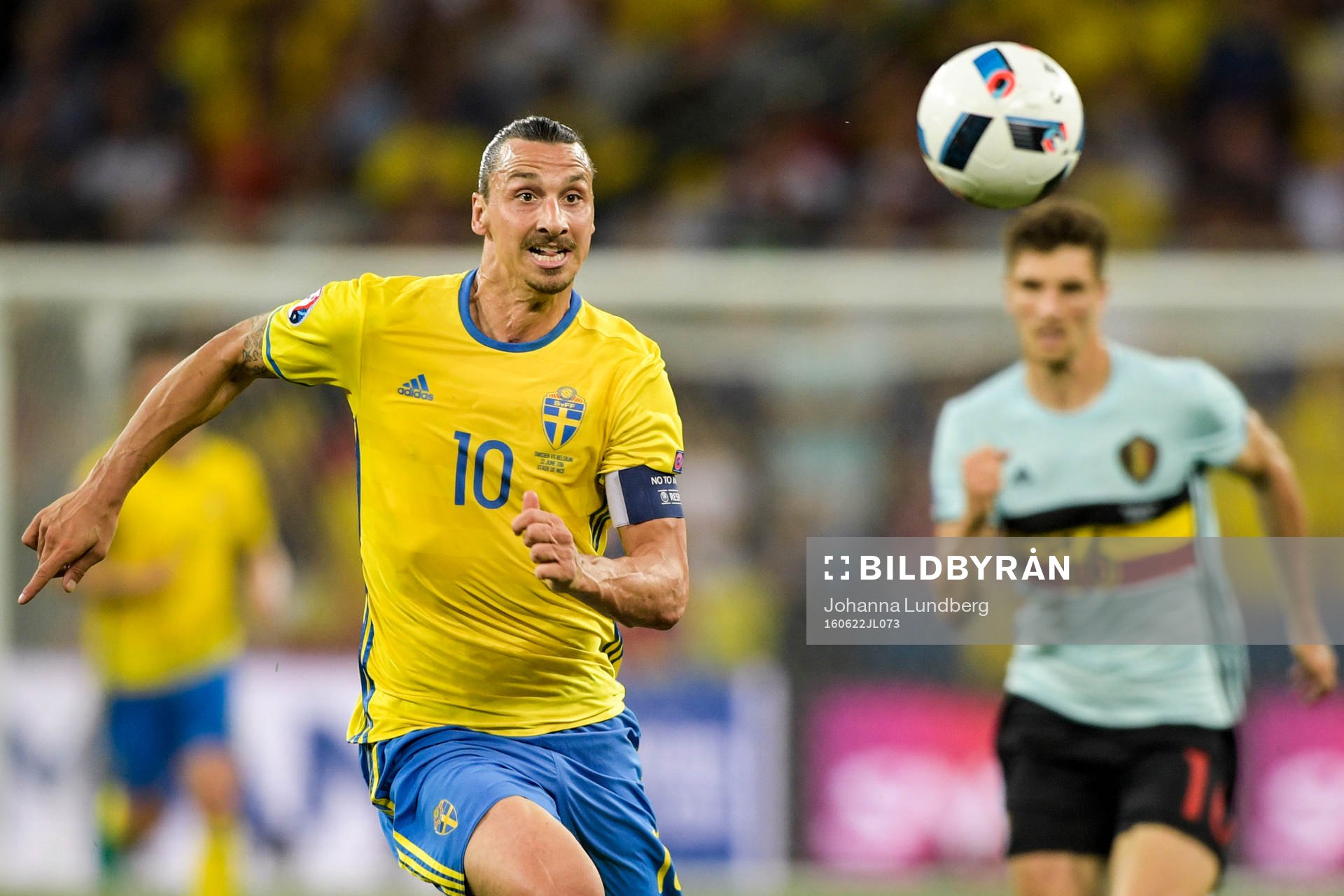 Sveriges Zlatan Ibrahimovic i fotbollsmatchen mellan Sverige och Belgien under fotbolls-EM den 22 juni 2016 i Nice.
