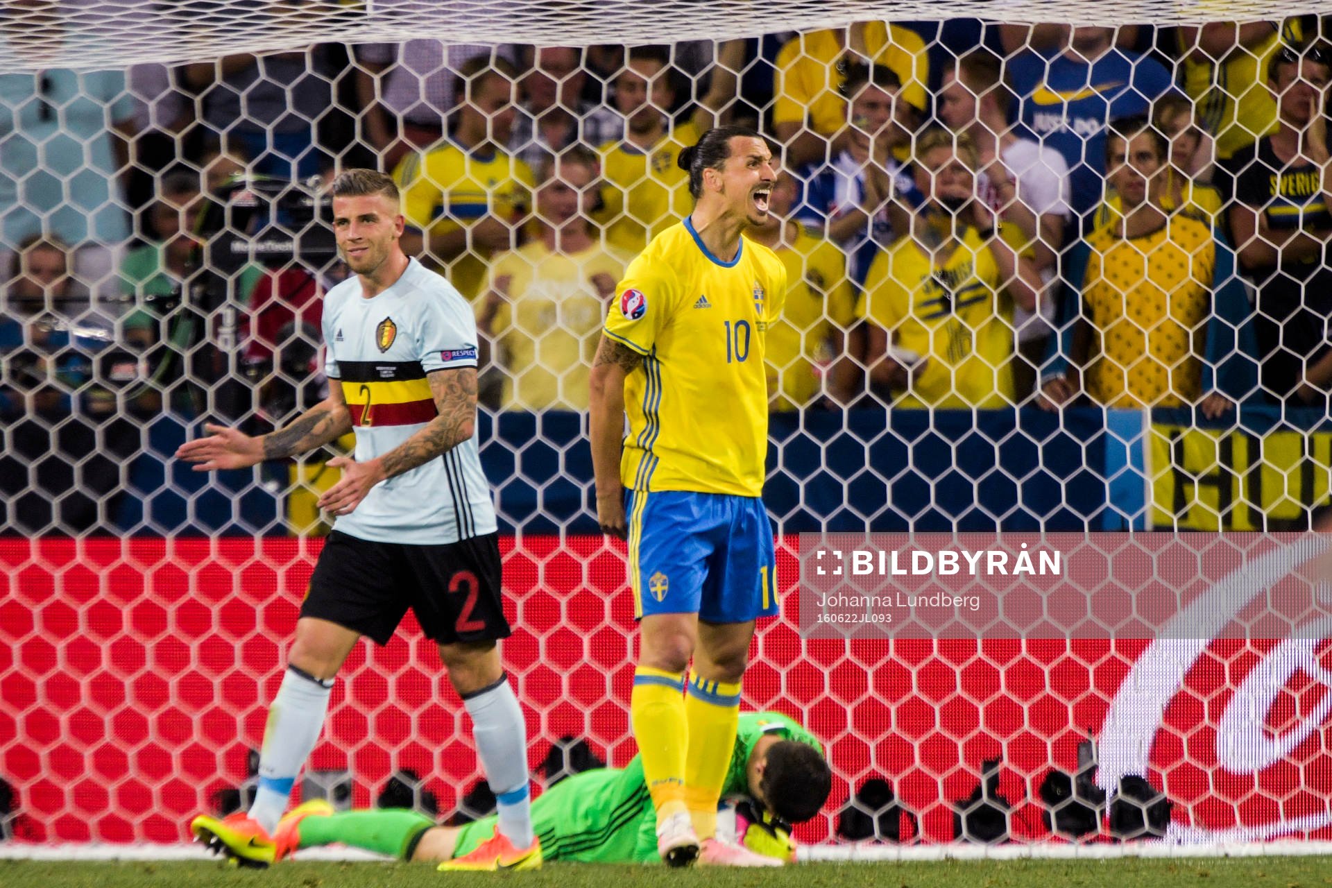 Sveriges Zlatan Ibrahimovic reagerar bredvid Belgiens Toby