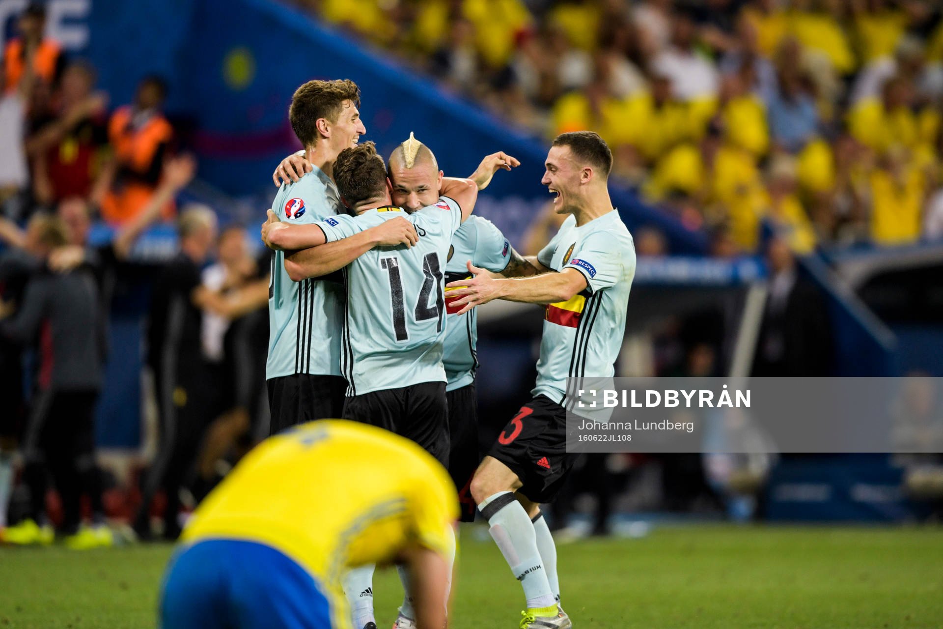 Belgiens spelare jublar efter 0-1 målet genom Radja Nainggolan i fotbollsmatchen mellan Sverige och Belgien under fotbolls-EM den 22 juni 2016 i Nice.