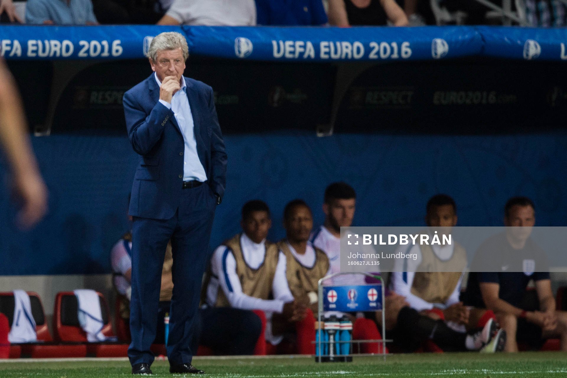 Englands förbundskapten Roy Hodgson under fotbollsmatchen mellan England och Island under fotbolls-EM den 27 juni 2016 i Nice.