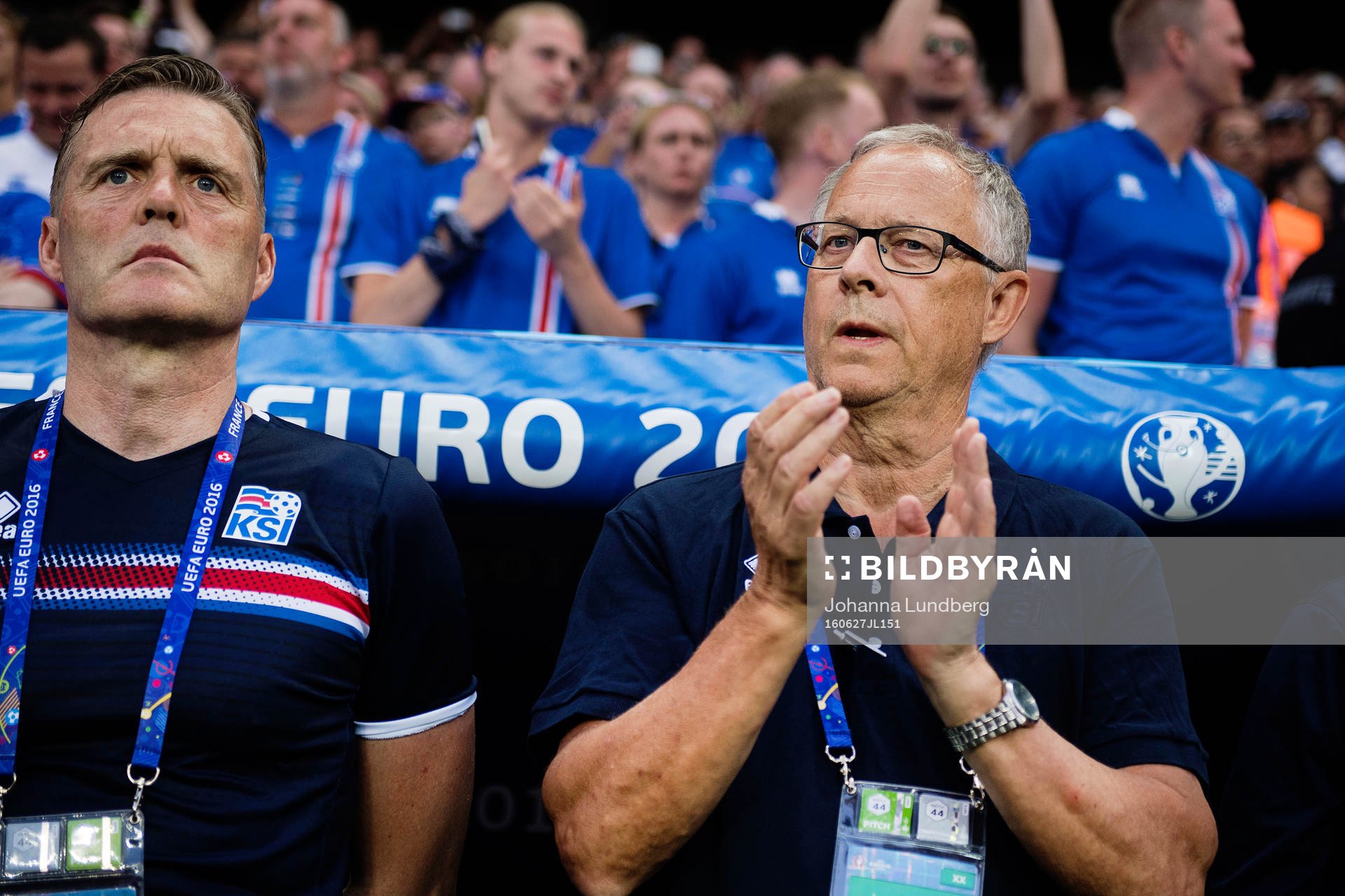 Islands förbundskapten Lars Lagerbäck under fotbollsmatchen mellan England och Island under fotbolls-EM den 27 juni 2016 i Nice.