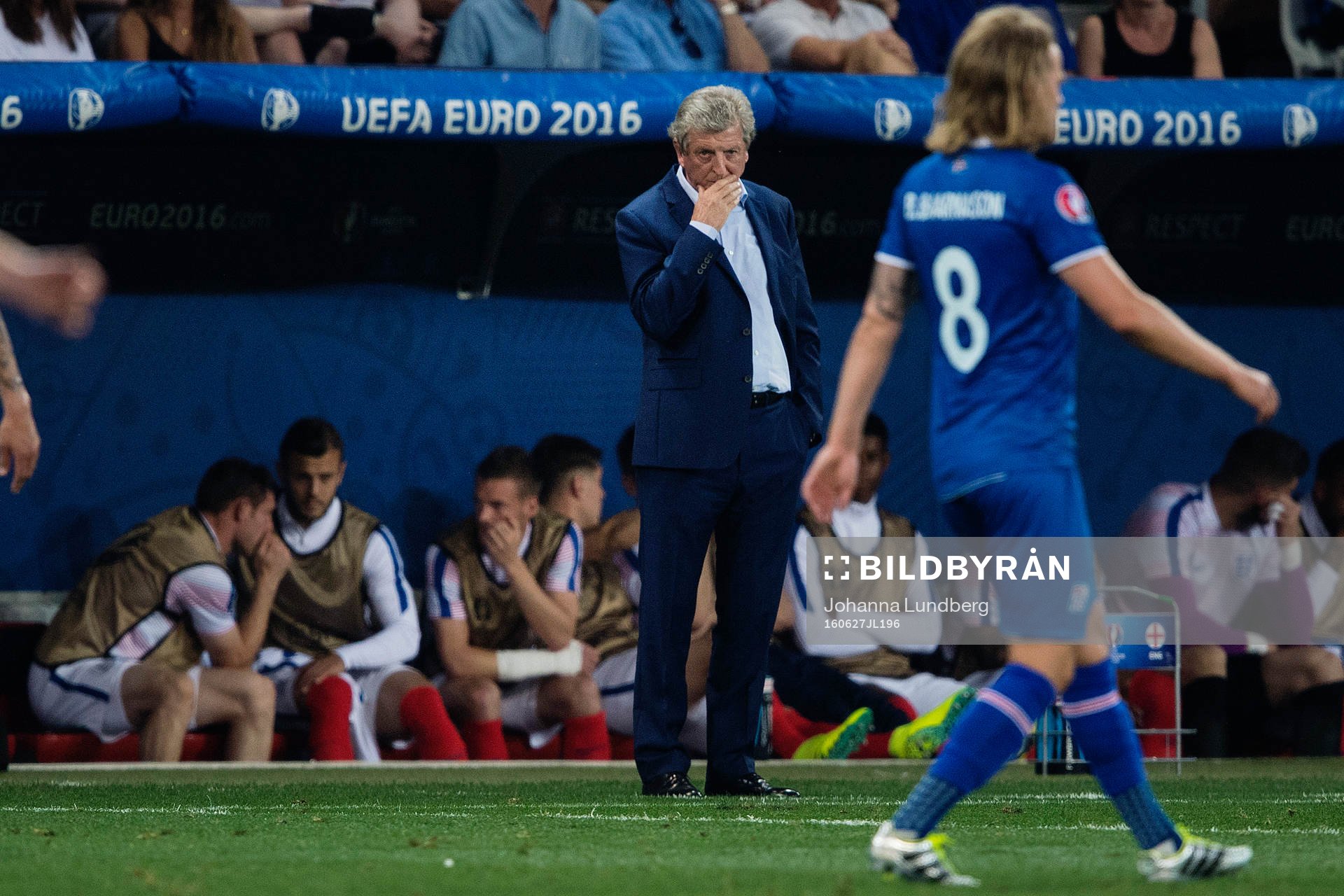 Englands förbundskapten Roy Hodgson under fotbollsmatchen mellan England och Island under fotbolls-EM den 27 juni 2016 i Nice.