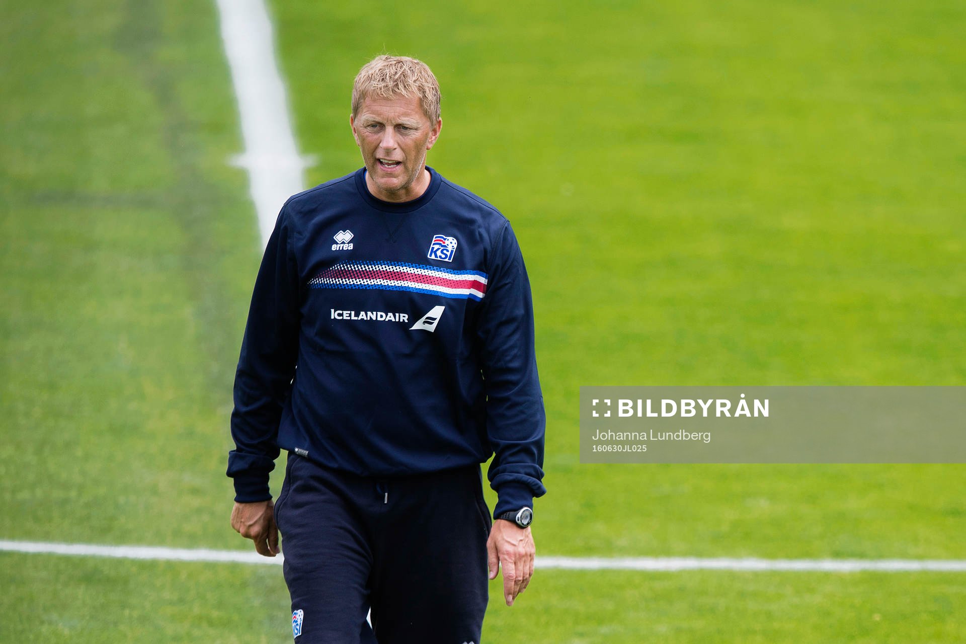 Förbundskapten Heimir Hallgrimsson på Islands fotbollslandslags träning under fotbolls-EM den 30 juni 2016 i Annecy.