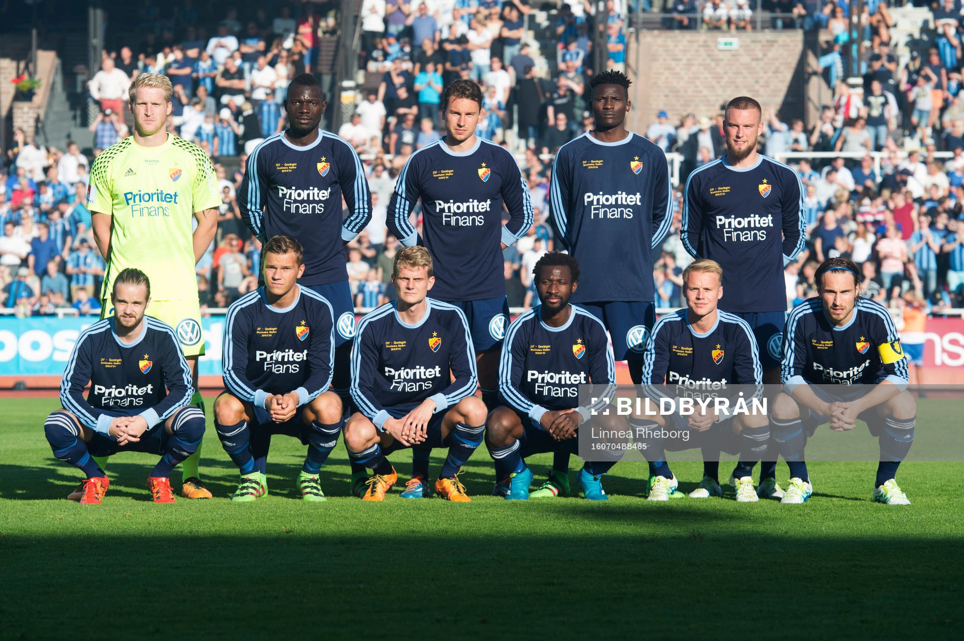 Övre raden fr v: målvakt Hampus Nilsson, Omar Colley, Marcus Hansson, Michael Olunga, Alexander Faltsetas. Nedre raden fr v: Daniel Berntsen, Jesper Karlström, Tim Björkström, Amadou Jawo, Elliot Käck, Kevin Walker. Djurgårdens startelva under träningsmatchen i fotboll mellan Djurgården och Groningen den 4 juli 2016 i Stockholm.
