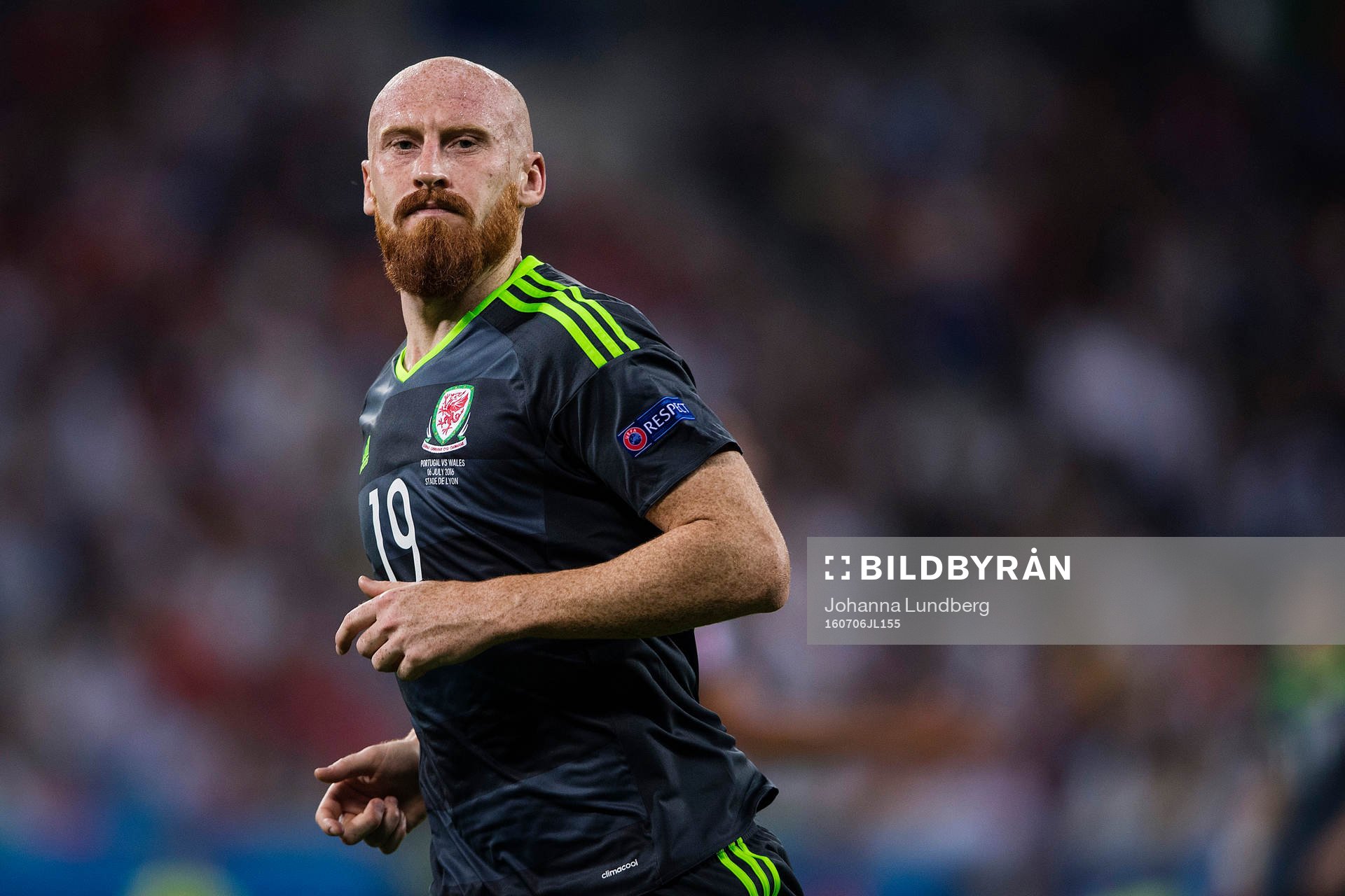 Wales James Collins under fotbollsmatchen mellan Portugal och Wales under fotbolls-EM den 6 juli 2016 i Lyon.