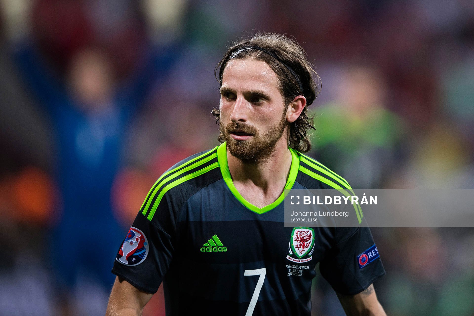 Wales Joe Allen under fotbollsmatchen mellan Portugal och Wales under fotbolls-EM den 6 juli 2016 i Lyon.