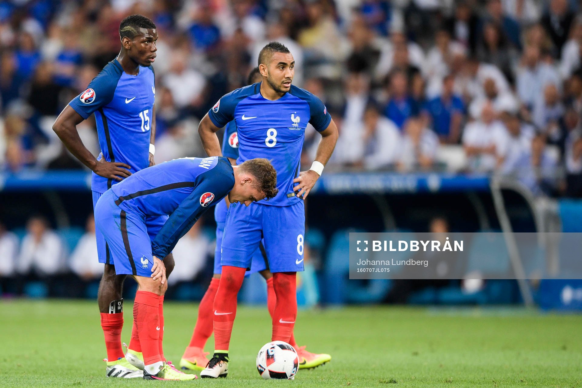 Frankrikes Paul Pogba , Dimitri Payet och Antoine Griezmann