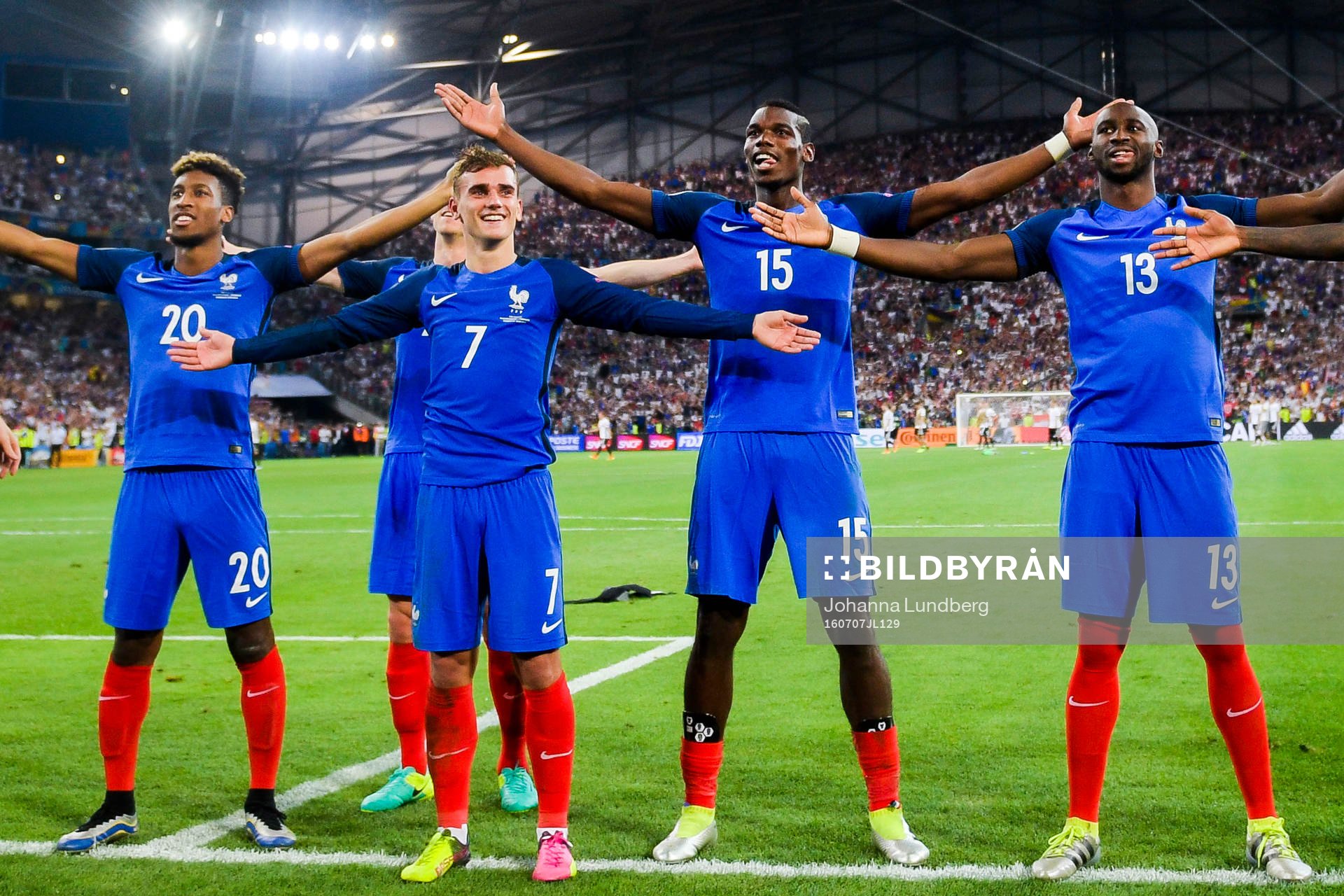 Frankrikes Antoine Griezmann, Kingsley Coman , Paul Pogba