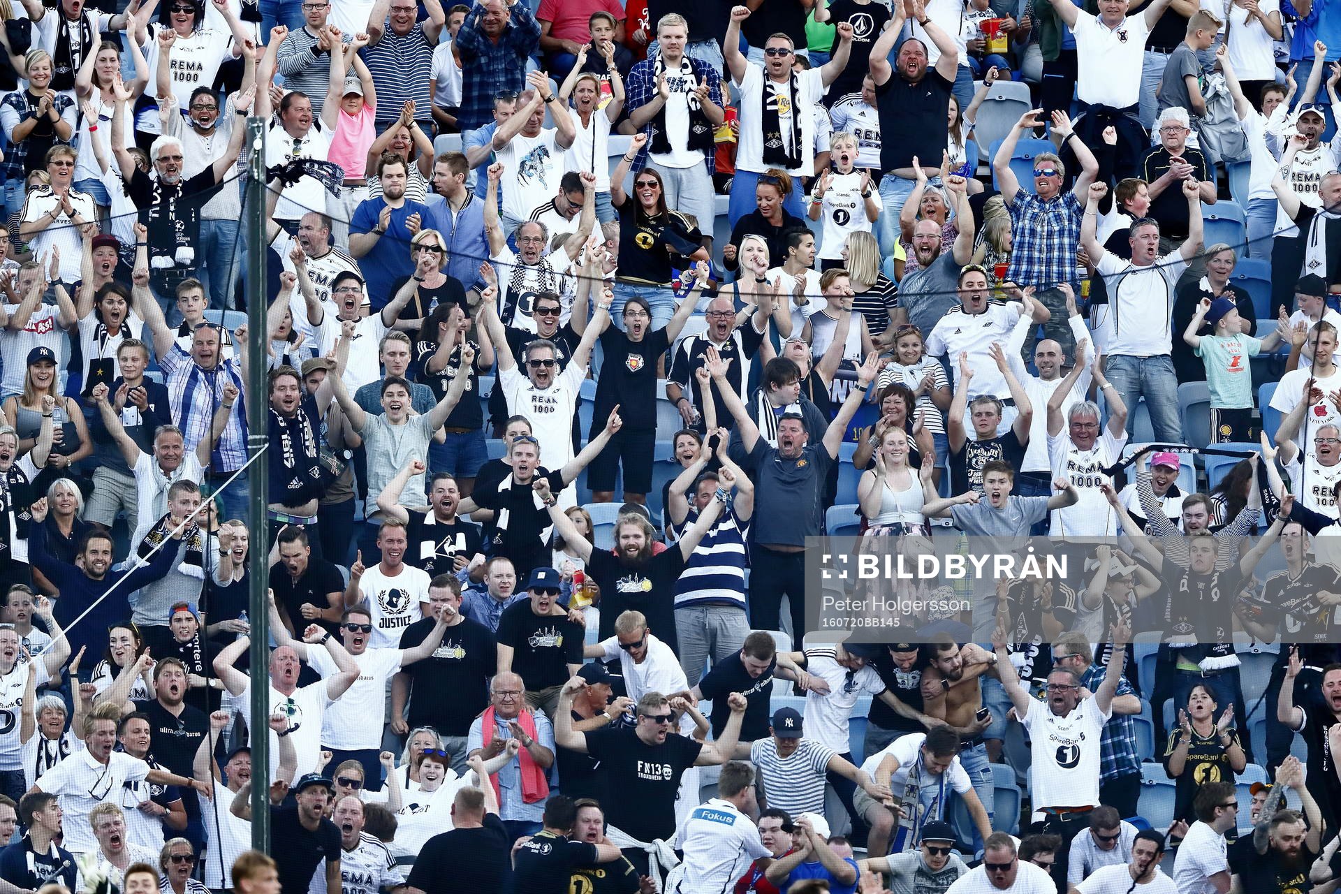 Rosenborgs supporters jublar under fotbollsmatchen mellan Norrköping och Rosenborg i kvalet till Champions League den 20 juli 2016 i Norrköping.