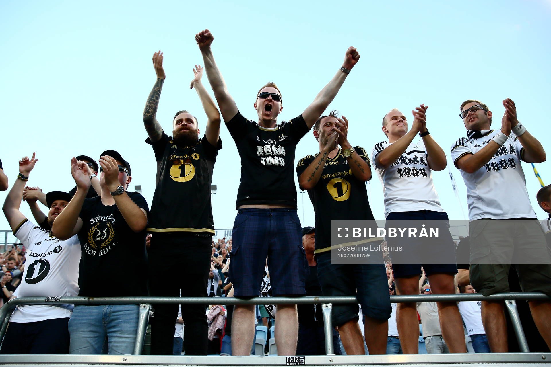 Rosenborgssupportrar jublar under fotbollsmatchen mellan Norrköping och Rosenborg i kvalet till Champions League den 20 juli 2016 i Norrköping.