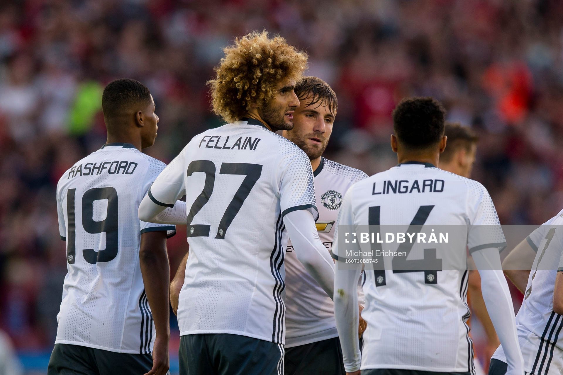 Manchester United jubel efter Marouane Fellainis 4-2 mål under fotbollsmatchen Supermatchen mellan Manchester United och Galatasaray den 30 juli 2016 i Göteborg.