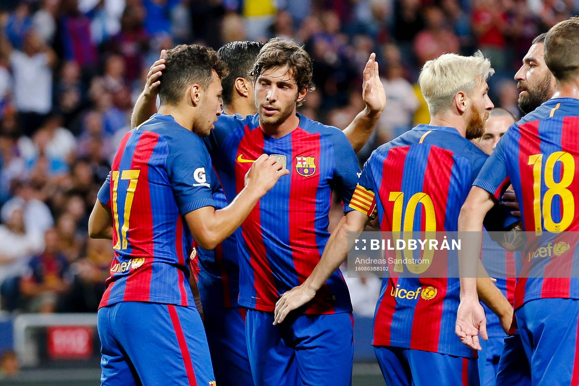 Barcelonas Munir El Haddadi jublar efter 1-0 under fotbollsmatchen i International Champions Cup mellan Barcelona och Leicester City den 3 Augusti 2016 i Stockholm. 