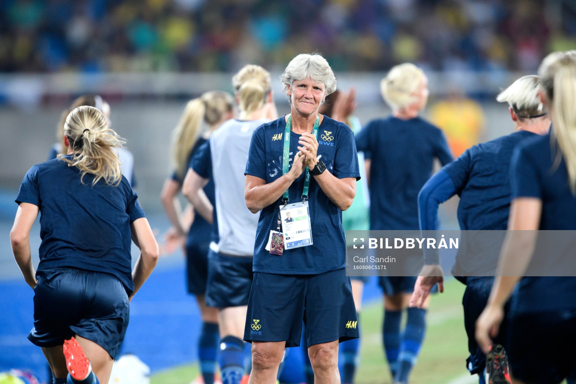 Sveriges förbundskapten Pia Sundhage i fotbollsmatchen
