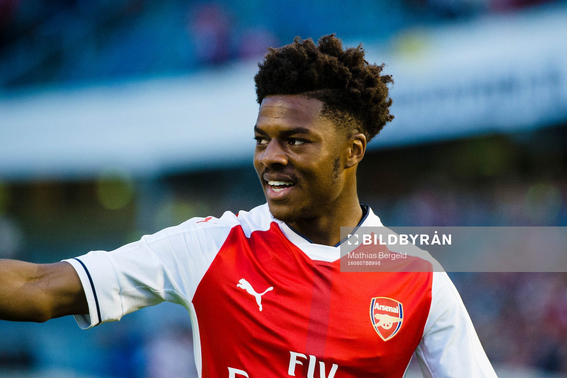 Arsenals Chuba Akpom under en träningsmatch i fotboll mellan Arsenal och Manchester City den 7 augusti 2016 i Göteborg.